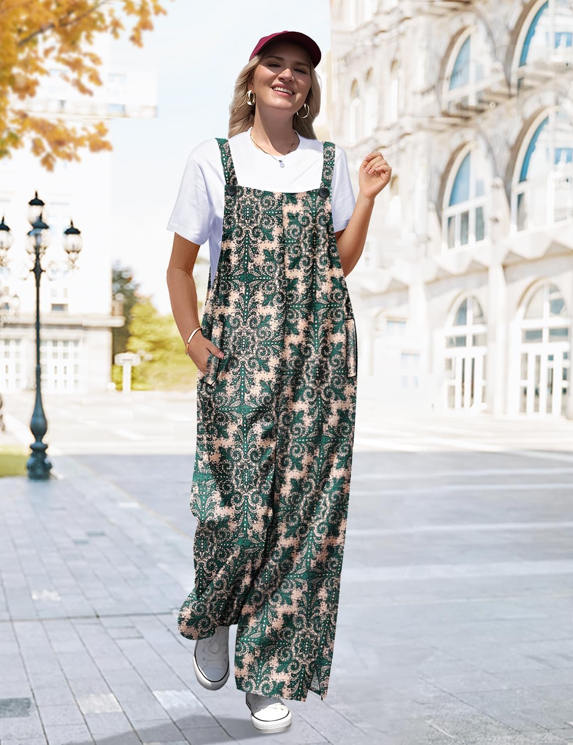 YESNO Jumpsuits for Women Casual Spring Boho Floral Overalls Side Slit Wide Leg Pants Outfit with Pockets PL2 - Image 4