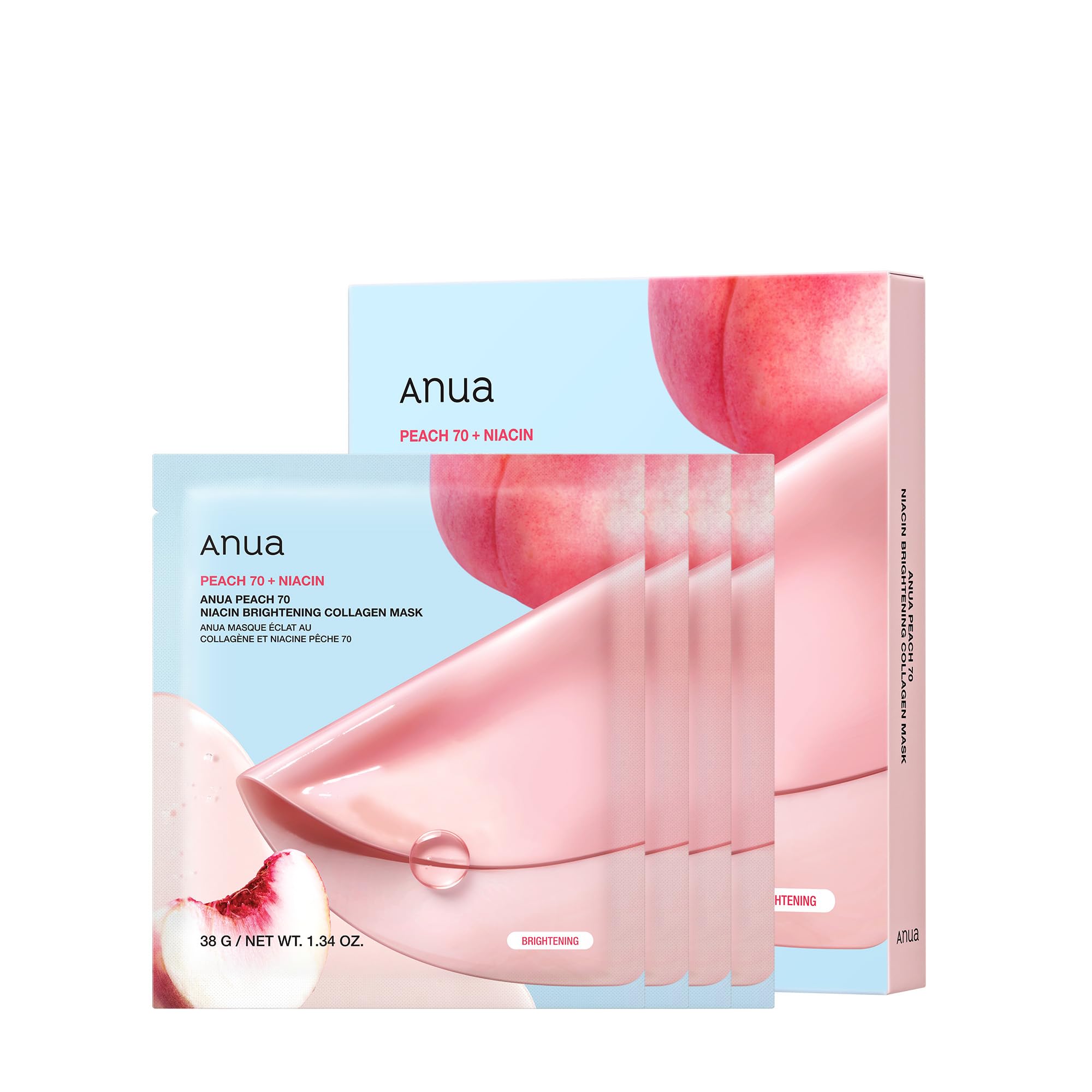 ANUA Peach 70 Niacin Brightening Collagen Mask, Overnight Face Mask for Glass Skin, Niacinamide, Collagen Facial Mask, Glow up with Hydration, Natural Color, Korean Skin Care (38g, 4ea)