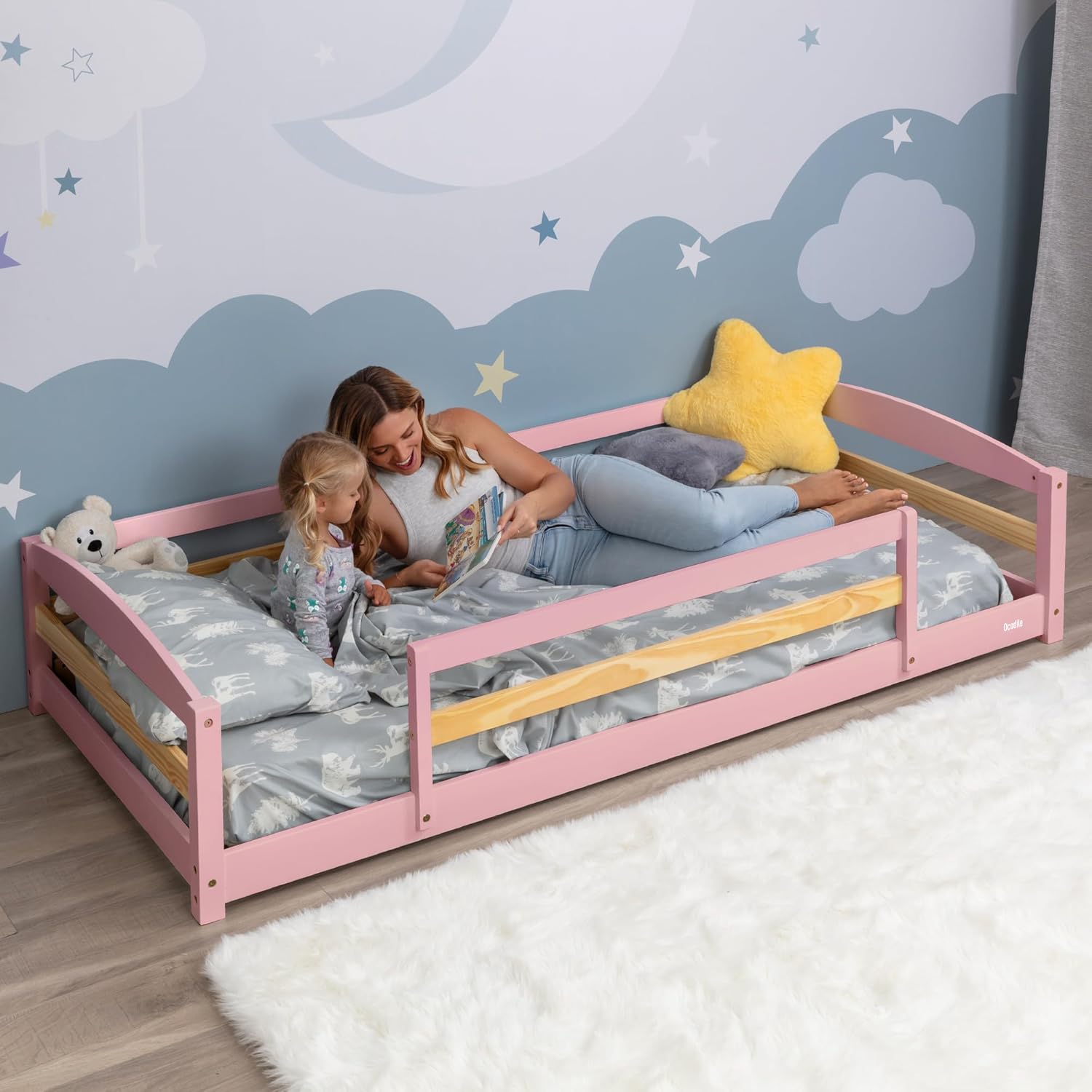 Ocodile Twin Floor Bed with Safety Guardrails for Kids, Montessori Inspired with Rails and 2 Openings, Twin Size Bed Frame for Girls and Boys - Pink 4 - Pink Twin