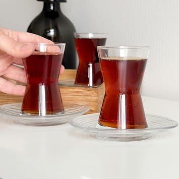 Turkish Tea Glass Set of 6 with Saucers, 4.5 oz Traditional Slim Waist Clear Glass Tea Cups, Thick Base, Easy to Hold, Elegant Tea & Espresso Glasses for Home and Special Occasions