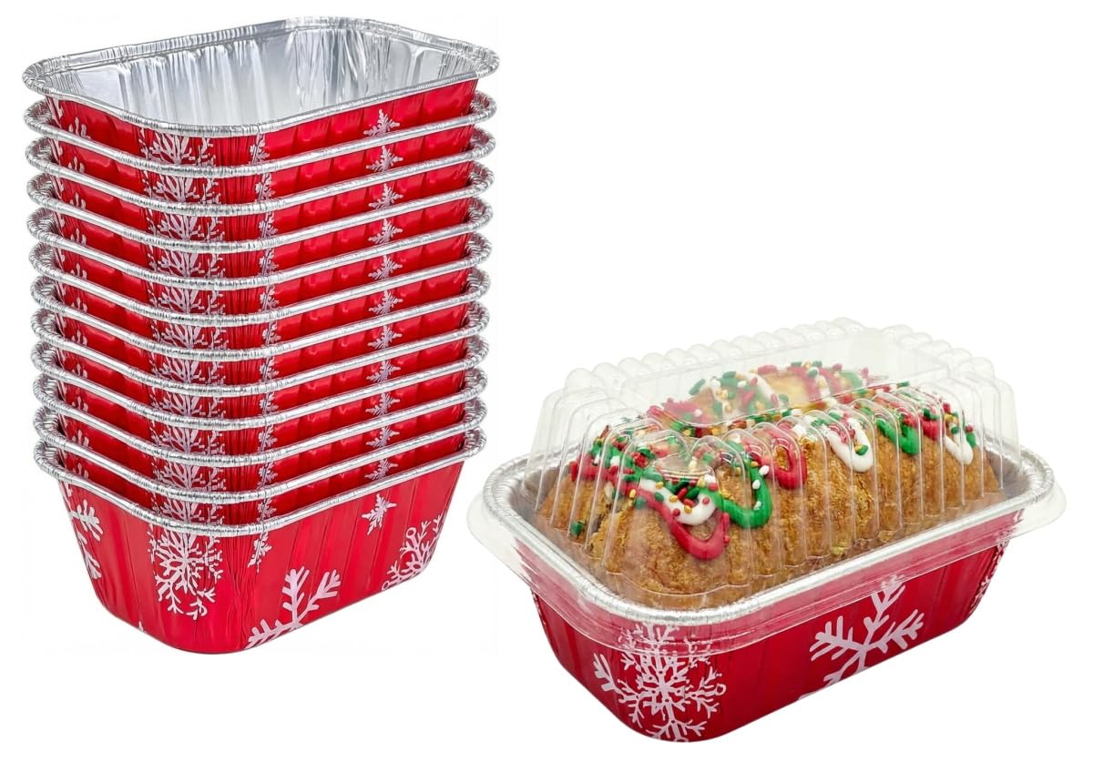 PACTOGO Disposable 1 lb. Red Holiday Christmas Aluminum Foil Small Mini Loaf/Bread Baking Pans with Clear Dome Lids (Pack of 25 Sets)