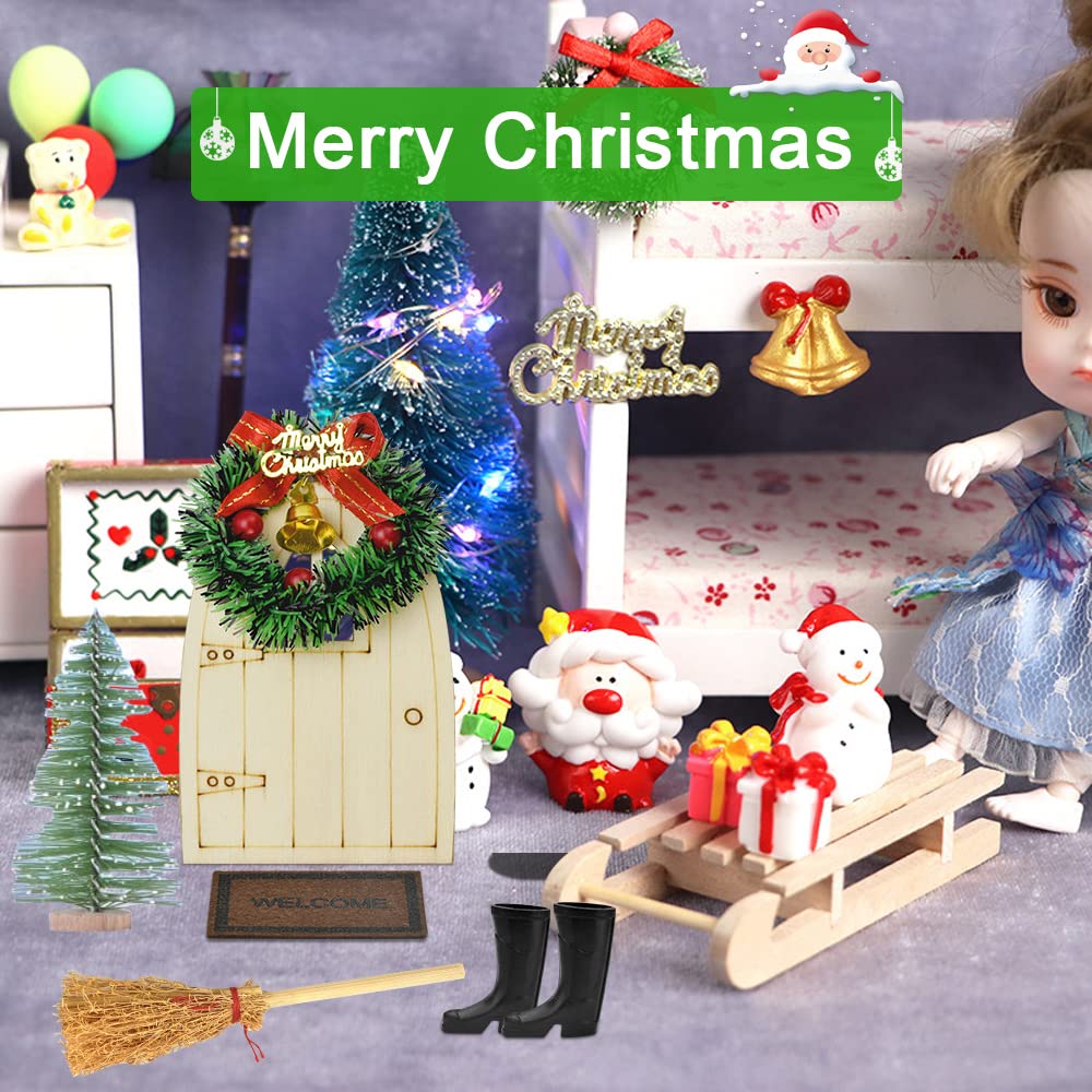 TANCUDER 7 Pezzi Set di Accessori Casa delle Bambole di Natale in Miniatura Decorazione Natalizia Porta Elfo Natalizi con Stivali, Tappeto, Scopa, Albero di Natale, Ghirlanda, Lucerna e Porta in Legno