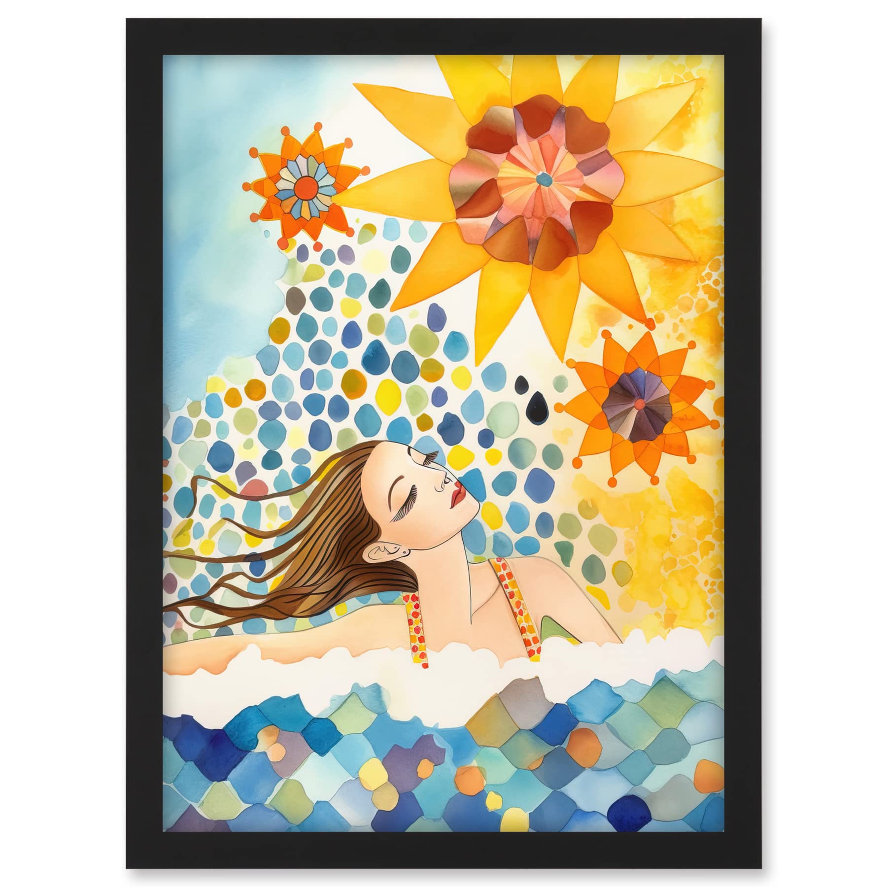 Artery8 Abstract Sea Swimming Folk Art Bathroom Artwork Framed A3 Wall Art Print