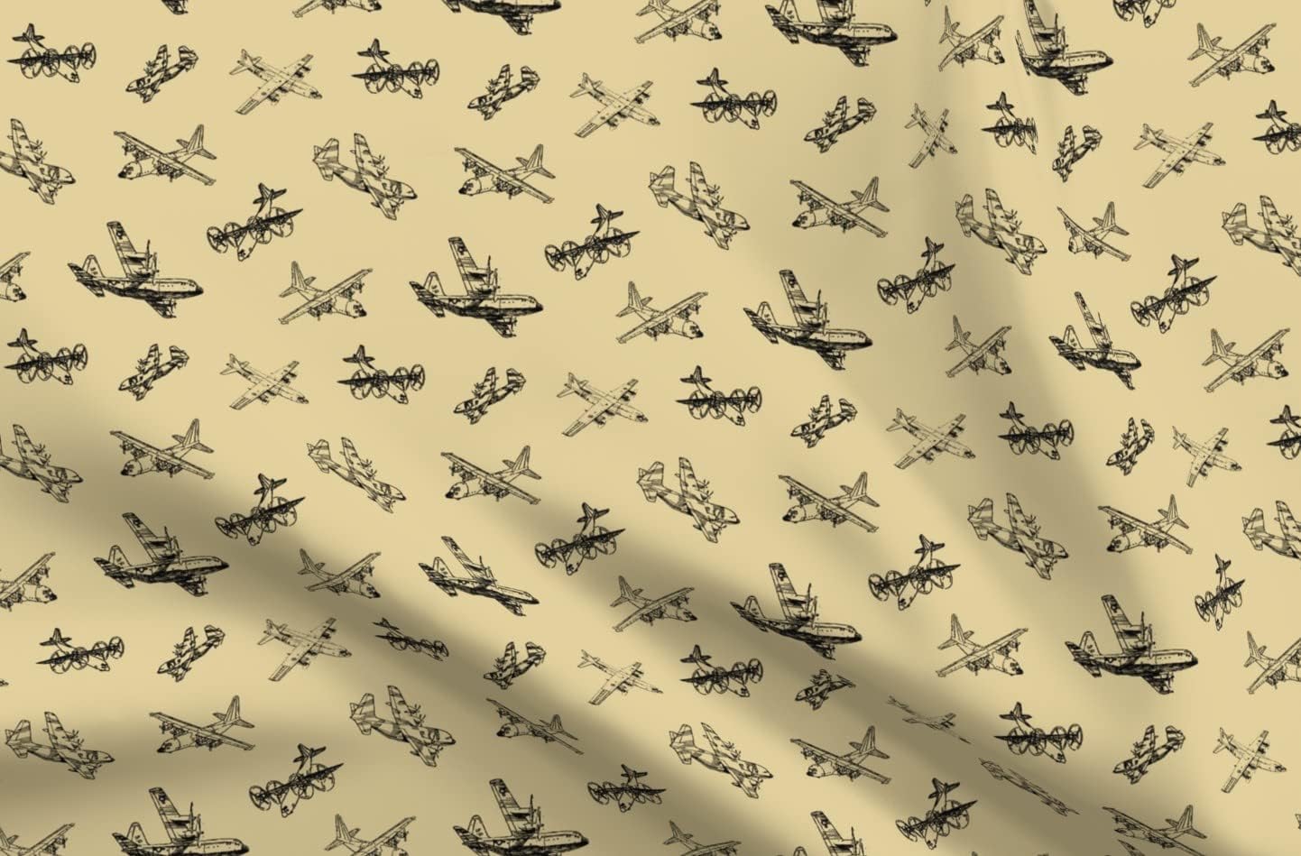 Spoonflower Fabric - Tan Black Airplanes Planes Boys Room Flying Printed on Upholstery Velvet Fabric Fat Quarter - Upholstery Home Decor Bottomweight Apparel