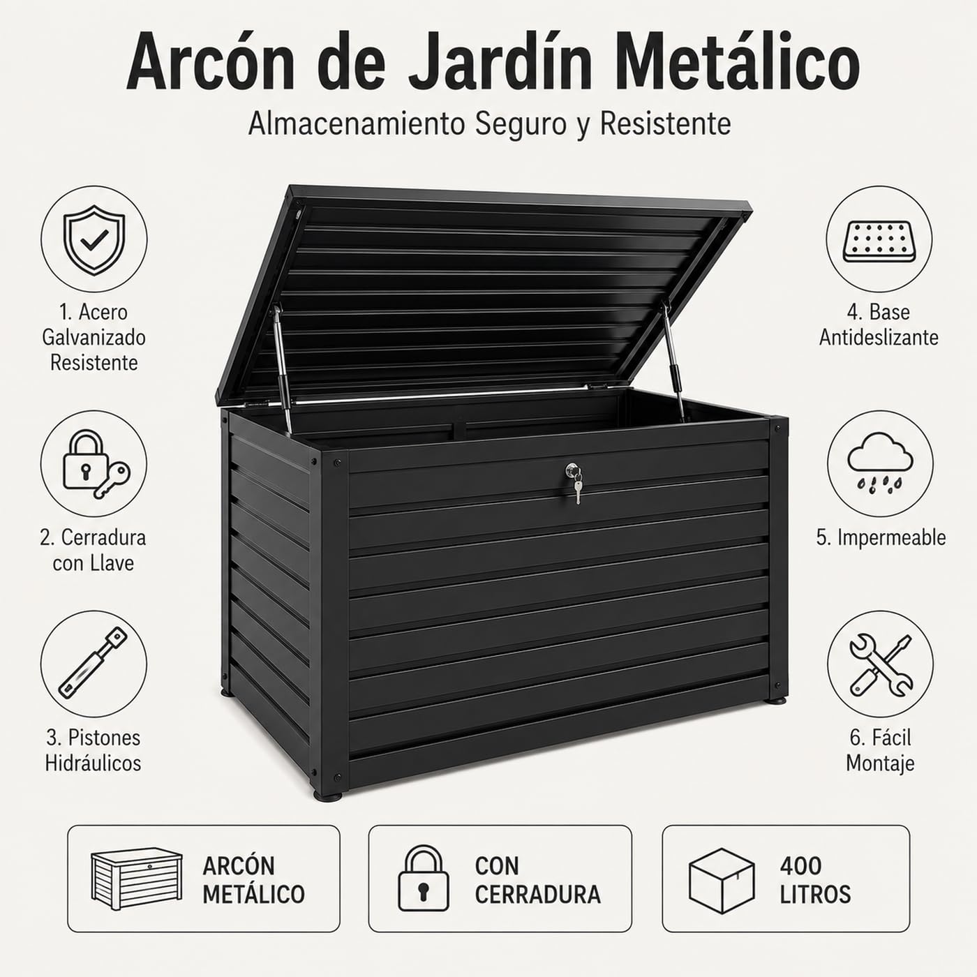 Arcón metálico Exterior 120 × 60 × 61 cm con Tapa hidráulica y Cerradura – Acero Resistente a la Intemperie, Base Antideslizante, Esquinas Antideslizantes, jardín terraza y balcón (Negro)