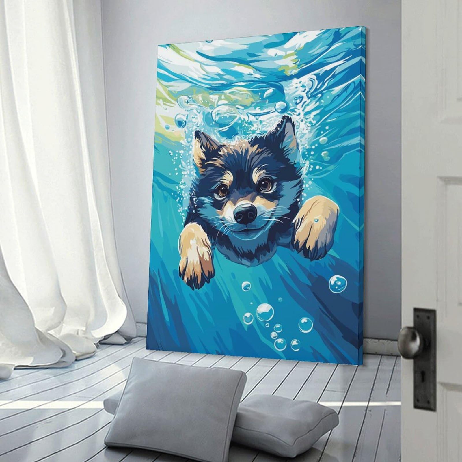 Junmoney Frame-Style-25 Decorative Wall Artwork Dog Swimming Underwater, 20X30inch(50X75cm), For Lounge, Bedroom Or Personal Spaces, Thoughtful Wall Decor For Art Lovers