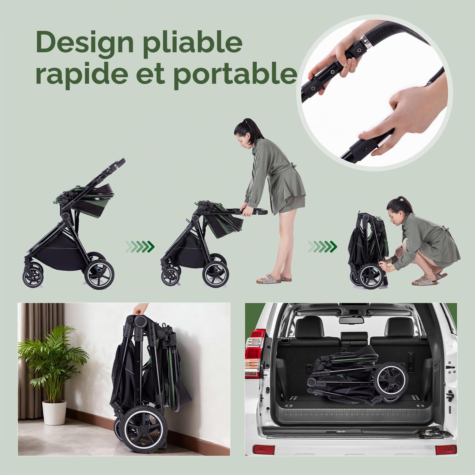 Gcarebb Système de voyage 3 en 1 avec poignée réglable en hauteur, poussette avec housse de pluie, poussette pour bébé avec cadre en aluminium pour nouveau-né