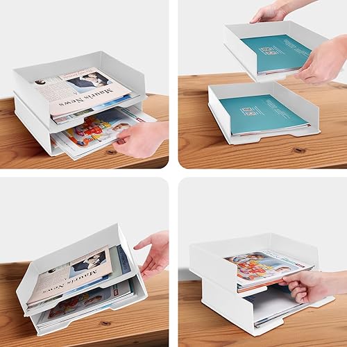 Miniatura 4 de Juego de 4 bandejas de escritorio apilables de plástico tamaño A4, organización y almacenamiento de oficina, organizadores de archivos de escritorio