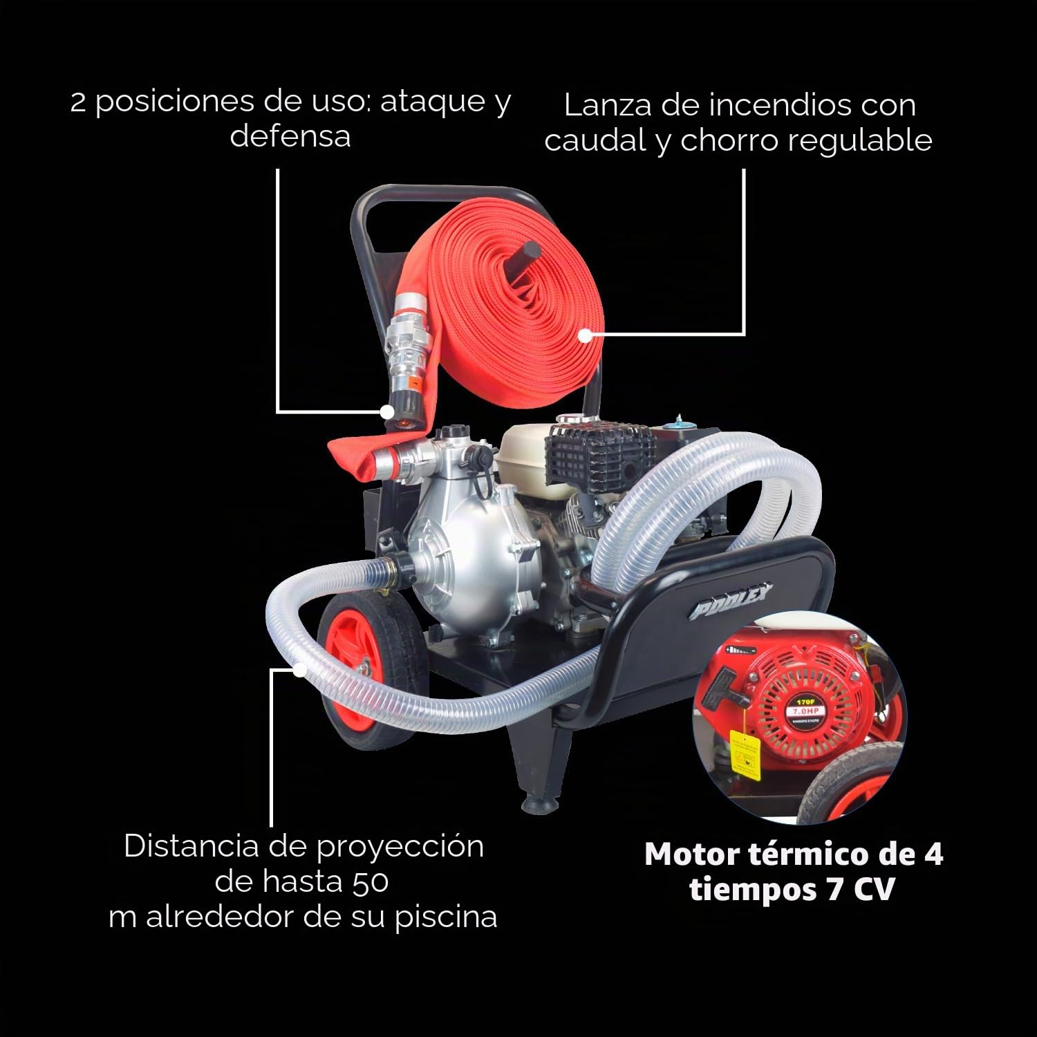 POOLEX Pool Sam - Motobomba Defensa Salida Incendio Forestal Capacidad 16 m³/h - Autonomía 4 Horas - Distancia Manguera 25 m - Alcance de proyección 25 m - Motor térmico 7 CV - Bar presión 7