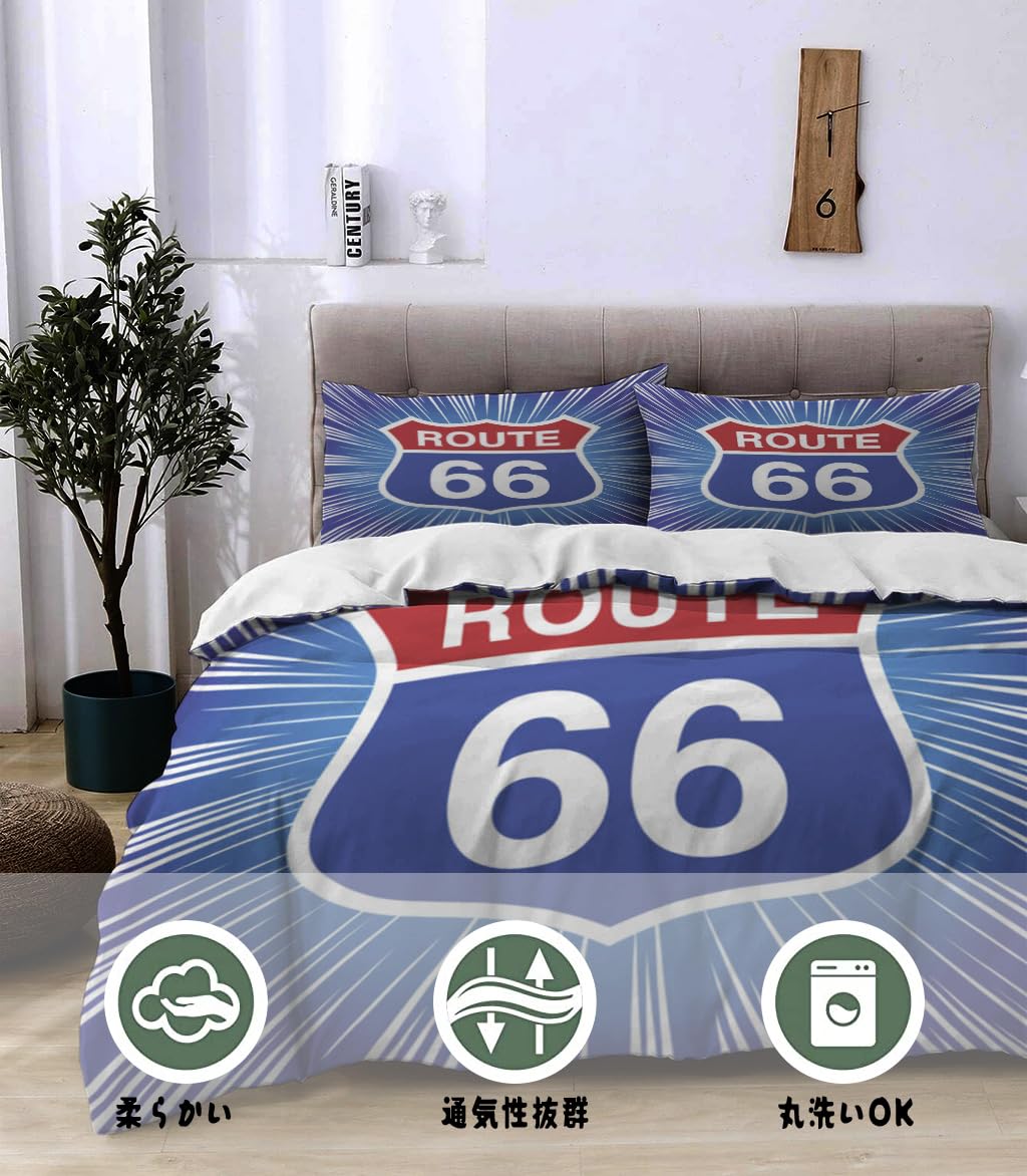 NIBAINLO 布団カバールート 66 の青いバーストのアウトラインの標識 肌に優しい ピーチスキン加工 掛け布団カバー 和式 洋式 あったか 布団カバーセット リバーシブル ホームステイ ホテル 家庭兼用