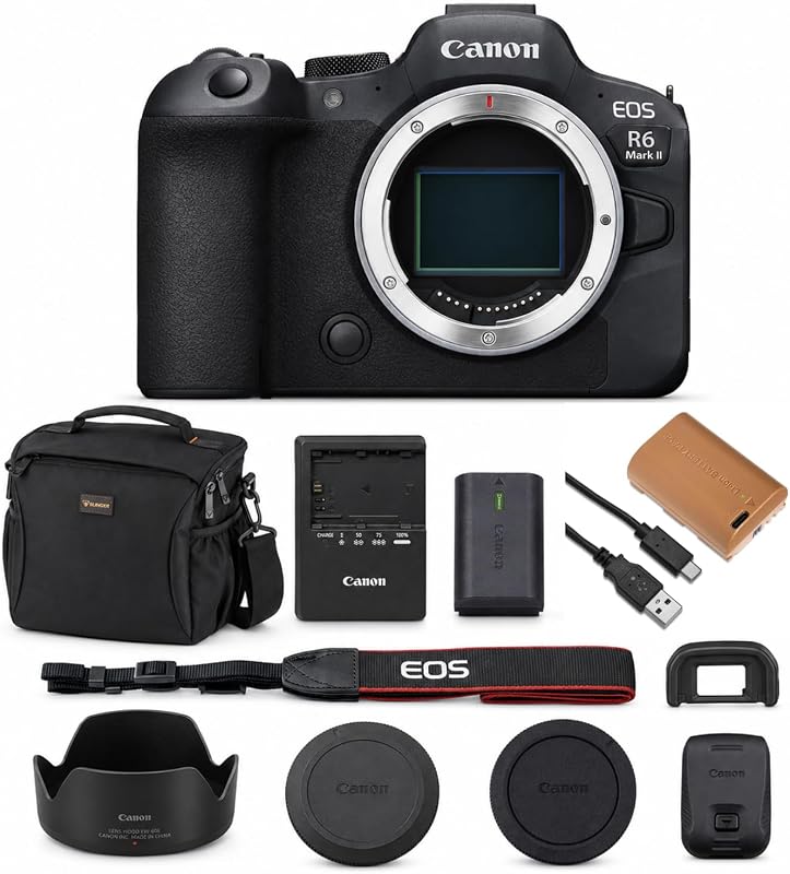 Paquete de cuerpo de cámara sin espejo Canon EOS R6 Mark II, negro | Sensor CMOS de fotograma completo de 24,2 MP, vídeo 4K, Dual Pixel AF II, IBIS, negro, + batería adicional, bolsa, garantía de 1 año de Canon