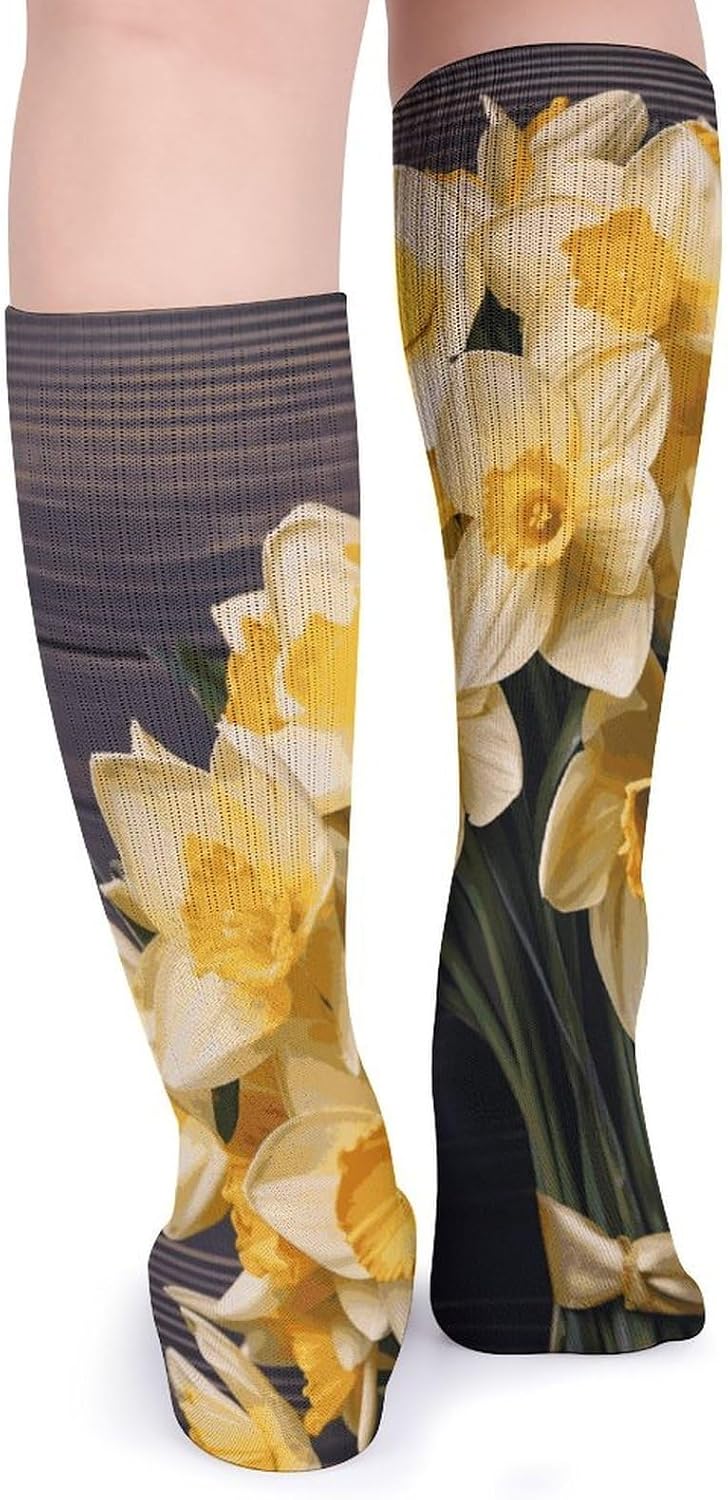 Breathable Crew Sock, Moisture Wicking, Athletic Calf Socks, Cozy | Bouquet of Daffodils Compression Socks for Women Men, Lightweight High Work Socks for Business, Casual
