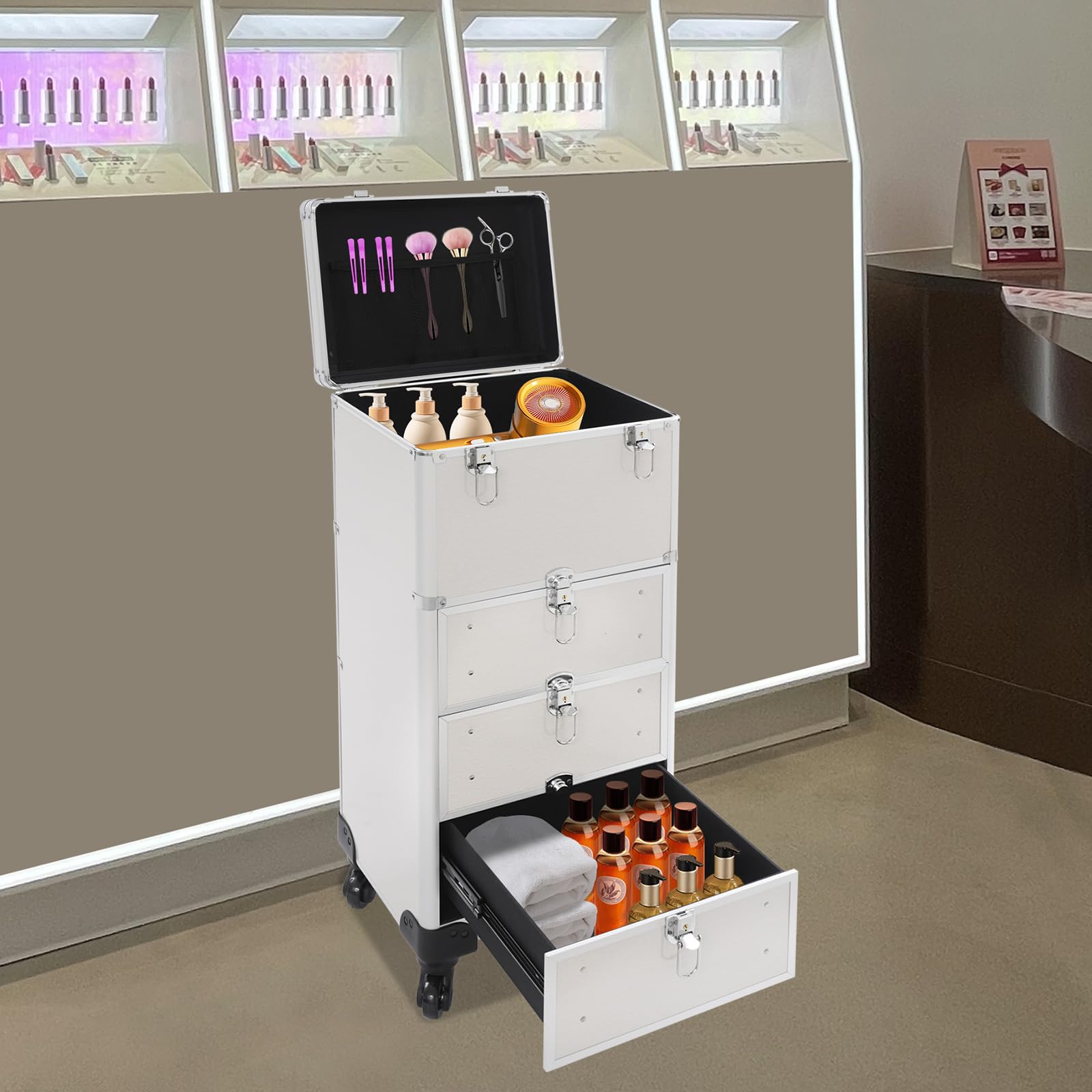 Kosmetikkoffer Trolley 3 Schubladen rollbar 360 Grad Rollen abschließbar | Großer Schminkkoffer mit höhenverstellbarem Griff 4 Rollen 6 Schlüssel geeignet für Make-up Künstler Friseure und Nagelstudio