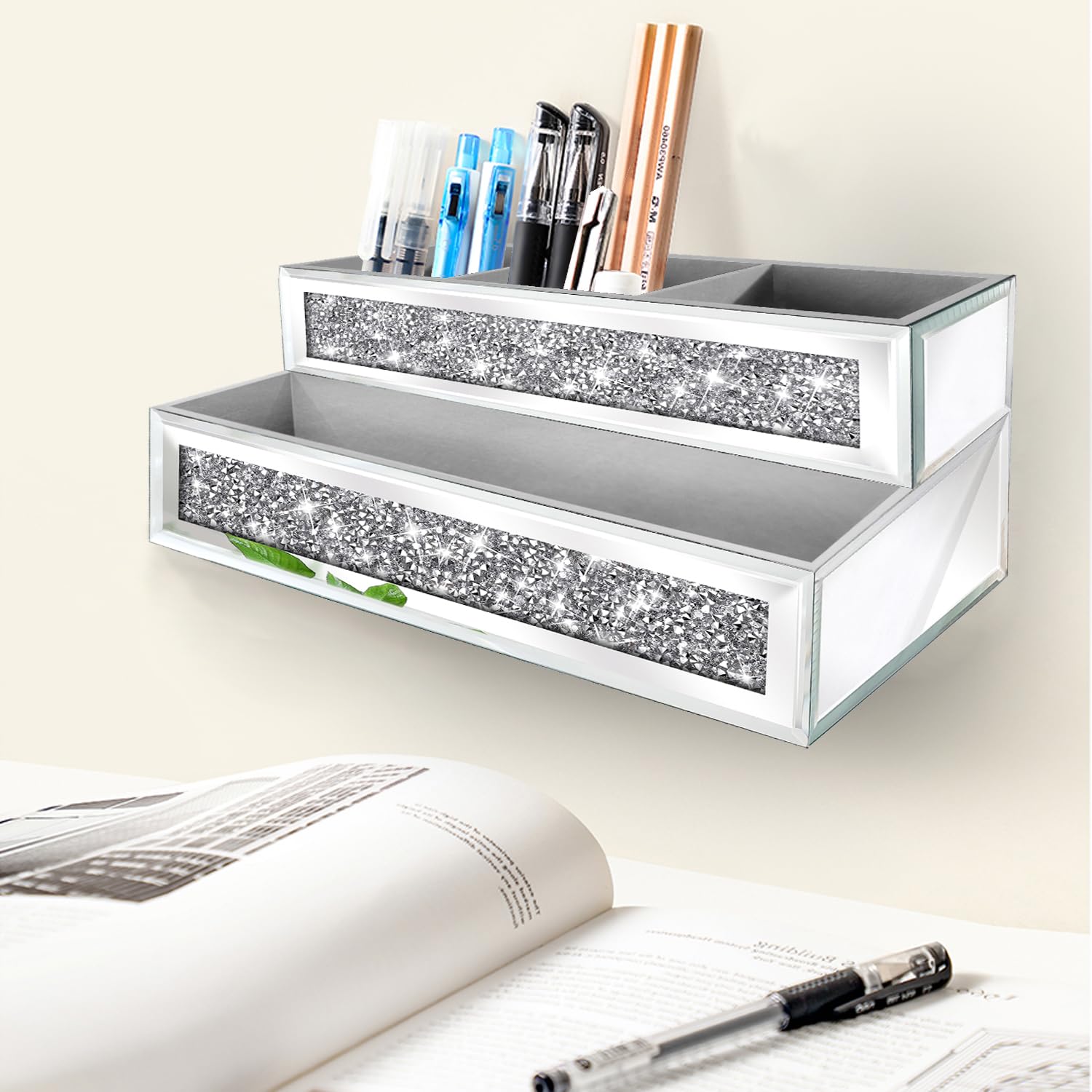 Spiegel-Haartrockner-Halter, Kristall-Diamant-Haar-Werkzeug-Organizer, Wandhalterung, silberfarbenes Badezimmerschrank-Tablett für Föhne, Haartrockner, Glätteisen, Make-up, Pinsel. (26,7 x