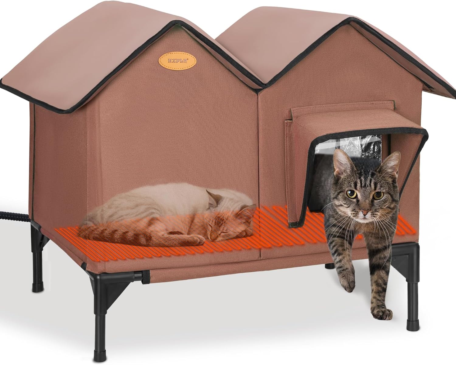 Heated Cat House for Outside in Winter Insulated Elevated Outdoor Cat House Weatherproof, Escape Door, Large Feral Cat Shelter Heated Bed for 2~3 Cats Stray Barn Kitty, Easy Assembly Tan Heated