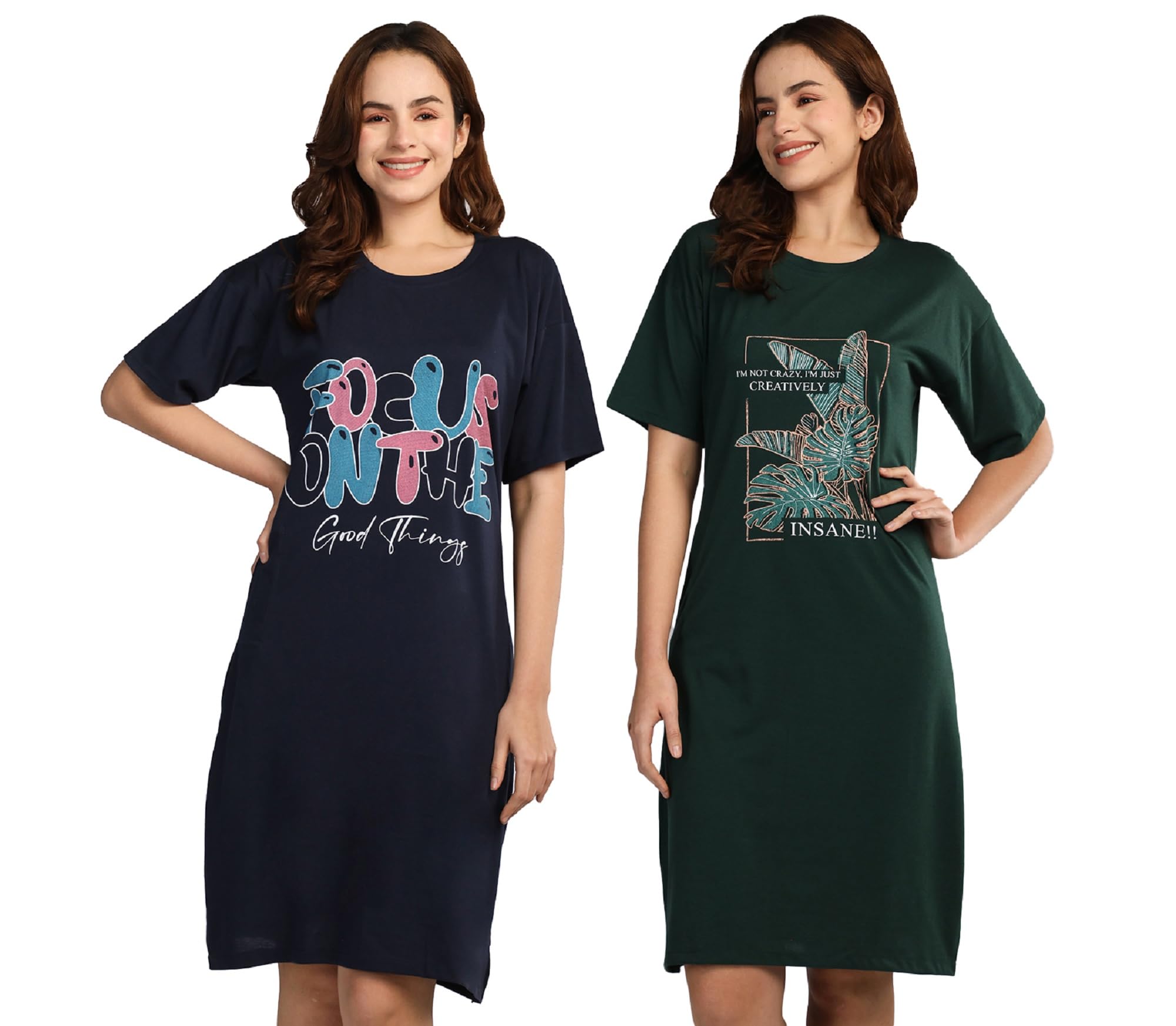 Combo Cotton Down Sholder Round Neck Printed Knee Length Nighty for Women(Pack of 2)-image-30