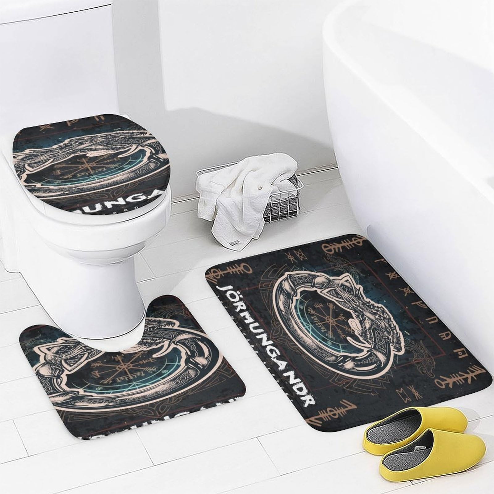 LDZDGD 4PCS Norse Viking Shower Curtain Set, Celtic Pagan Bathroom Art Decor, Waterproof Shower Curtain, Non-Slip Rugs, Toilet Lid Cover and Bath Mat (Color : Valkyrie, Size : 183 x 183CM): Jormungandr 28.3"W x 28.3"L (Pack of 1)