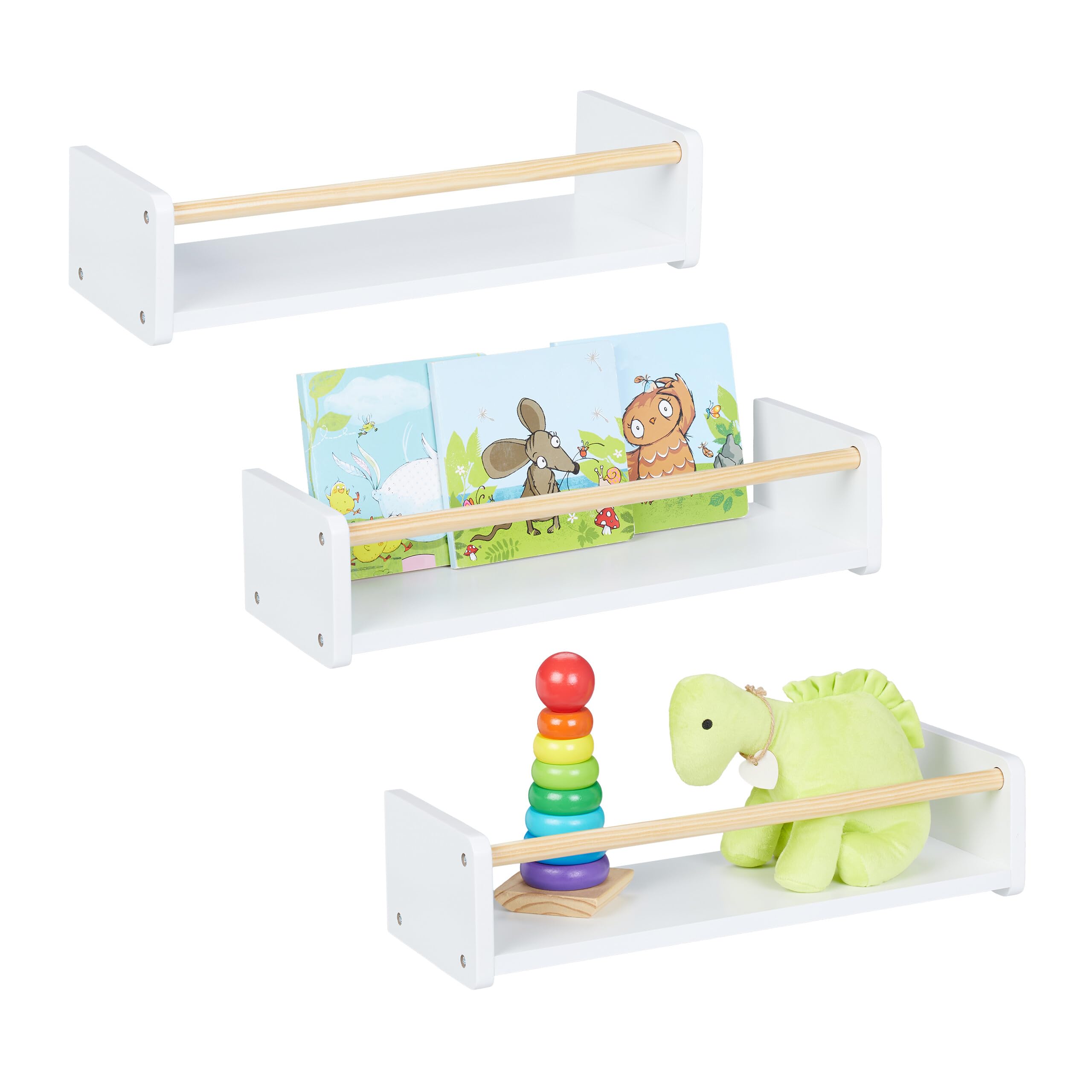 Relaxdays Estantes de Pared Infantiles, Set de 3, Baldas Flotantes, 12x50x18 cm, Estantería Niños, Blanco/Natural, Tablero de Fibras, Madera