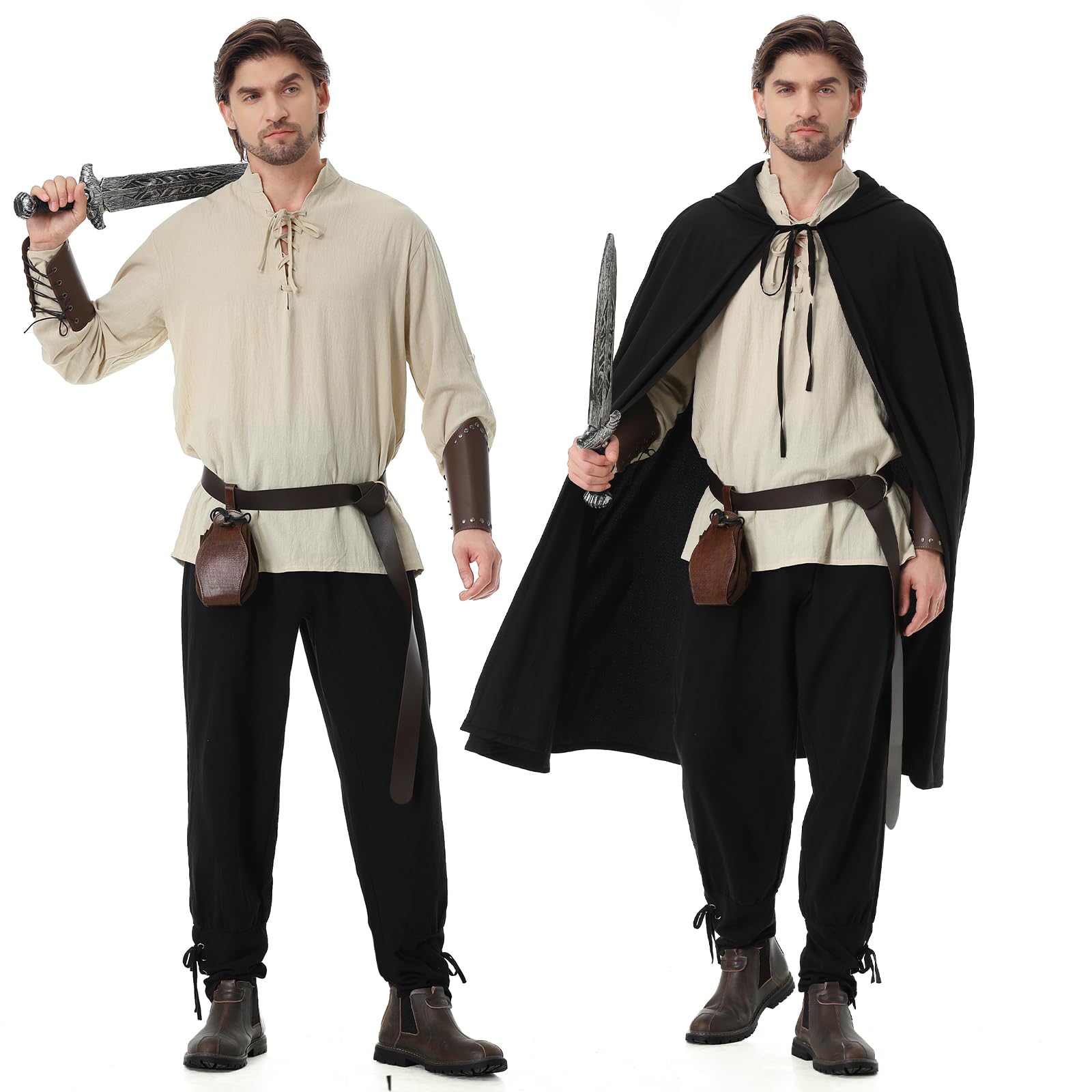 Costume Médiéval de la Renaissance pour Homme 7Pcs Costume de Viking Pirate Chemise à Lacets Pantalon avec Ceinture Protège-Poignets et Autres Accessoires