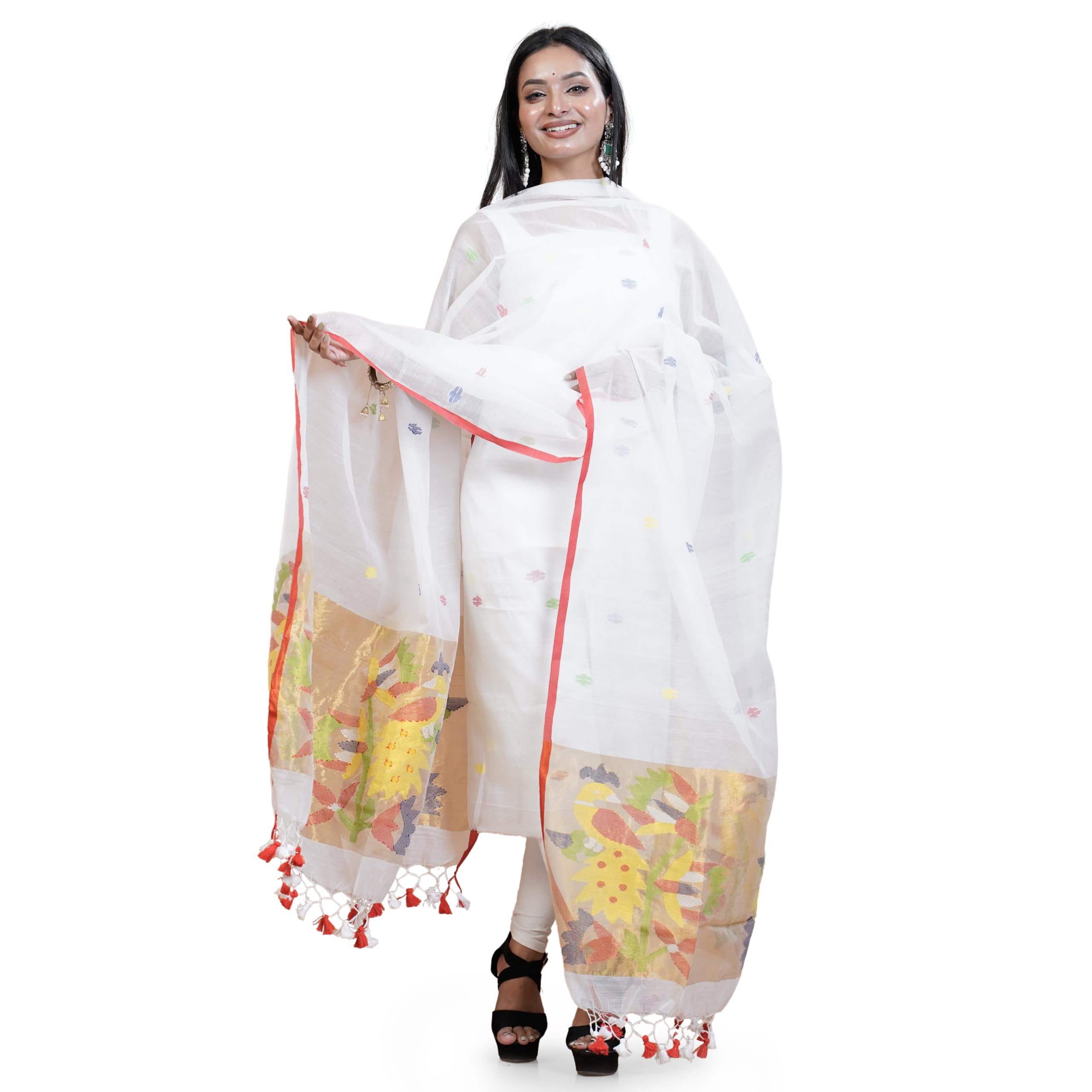 Handwoven Paithani Jamdani Suit, Ivory White, Muslin, Top 2.5 Meters with Dupatta, Multicolour Floral Weave-picture-51
