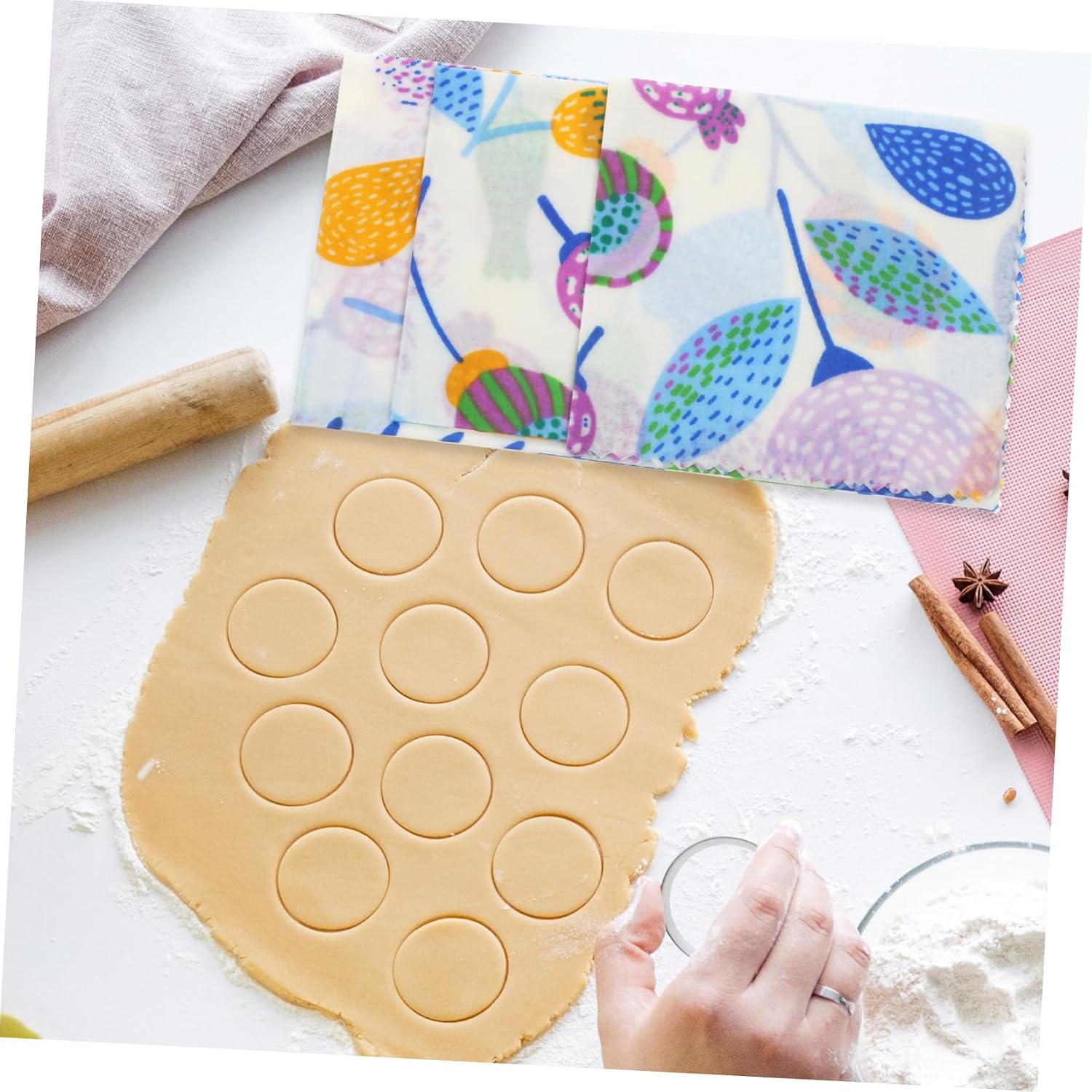3Pcs Organic Beeswax Food Wrap Reusable Kitchen Wraps for Sandwiches Fruits Vegetables Sustainable with Delicate Floral Design for Food image 3