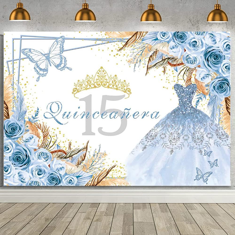MEHOFOND 7x5ft Quinceanera 15th Birthday Boho Backdrop for Sweet Girl Boho Birthday Blue Butterfly Background Girl Blue Floral Crown Princess Banner