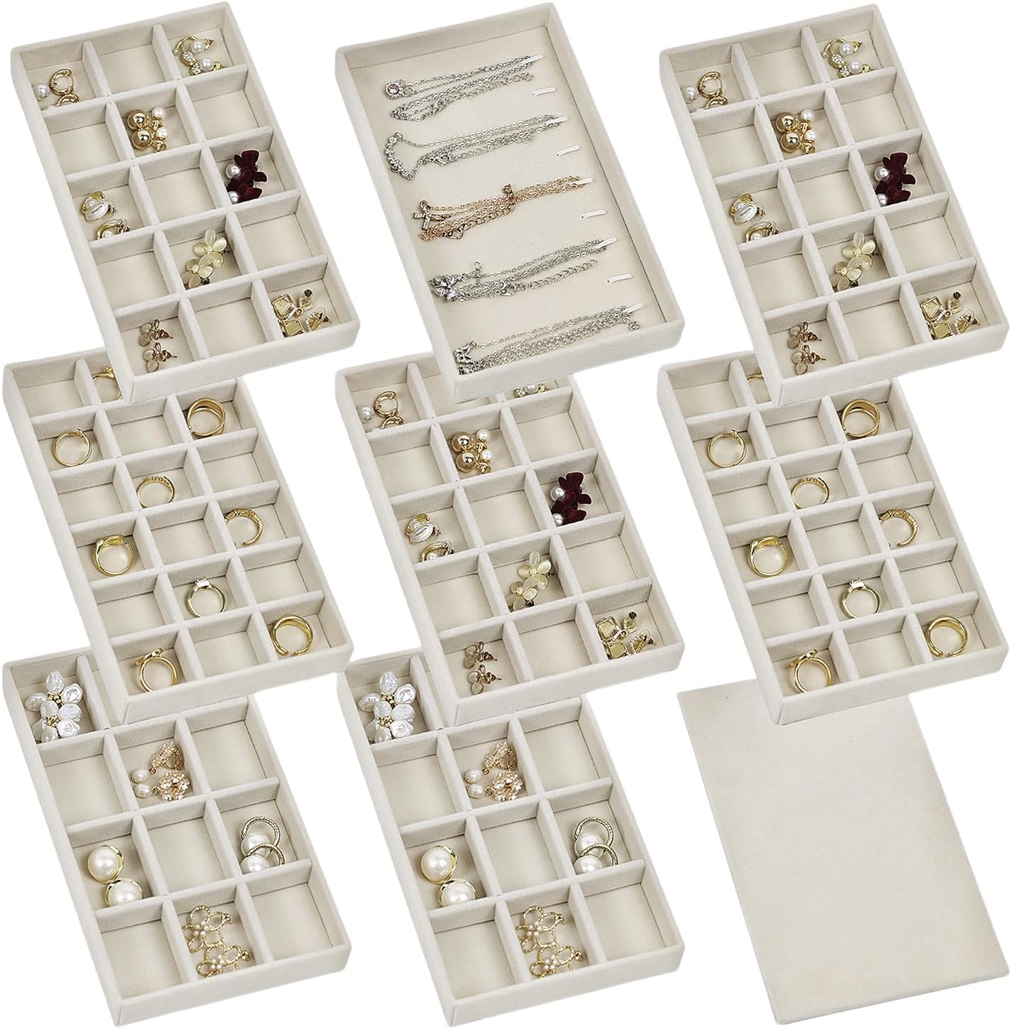 Set of 8 Stackable Jewelry Organizer Trays with 1 Lid for Drawer & Dresser Organizer, Adjustable Velvet Jewelry Box Tray Earring Organizer Necklace Storage Ring Bracelet Display Case (Beige)