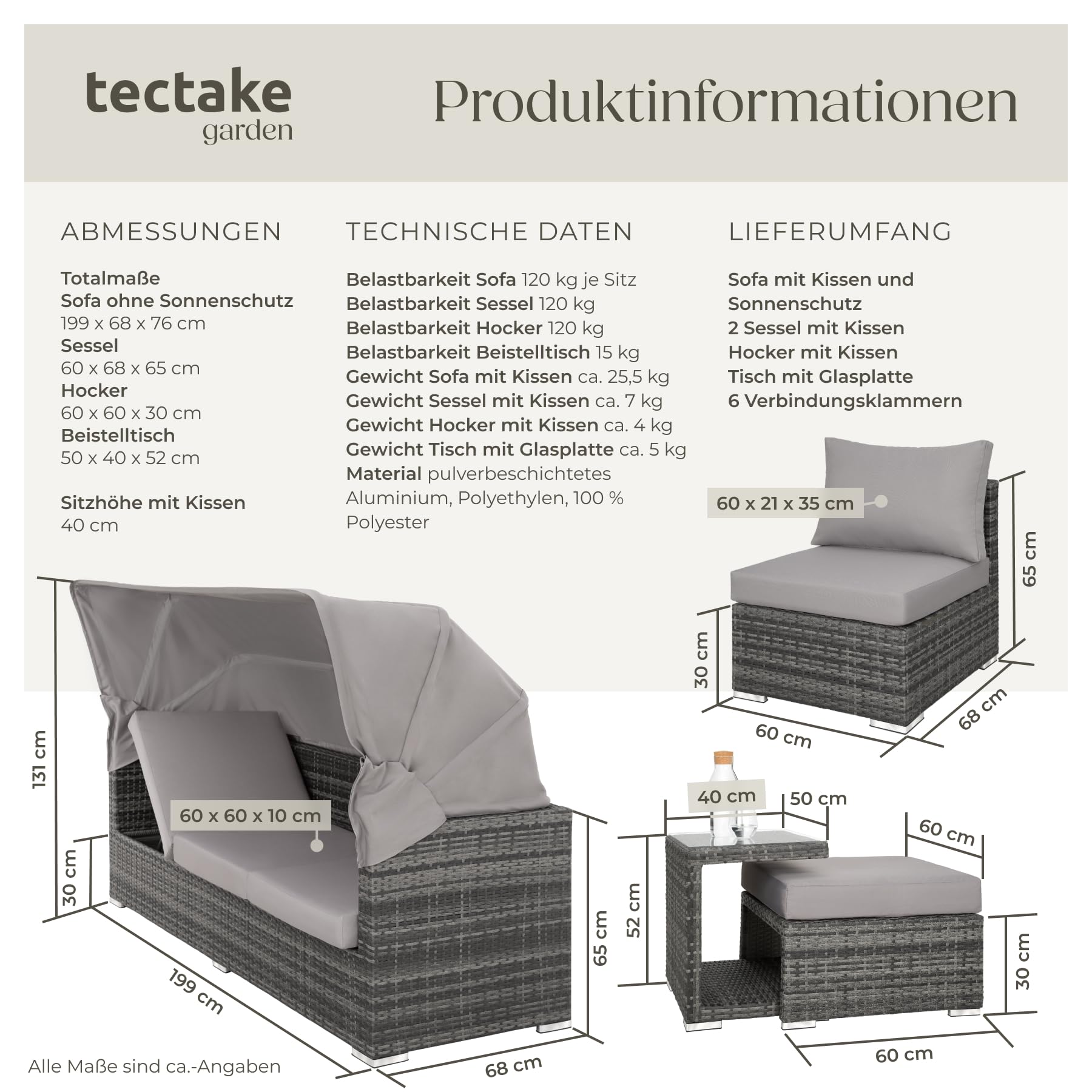 tectake® Rattan Sonneninsel Sitzgruppe, Alu Lounge Möbel Set inkl. Sofa mit Sonnendach, Hocker, Sesseln und Tisch, Outdoor Gartenmöbel, Loungemöbel Balkon und Garten, Terrassenmöbel, wetterfest - grau