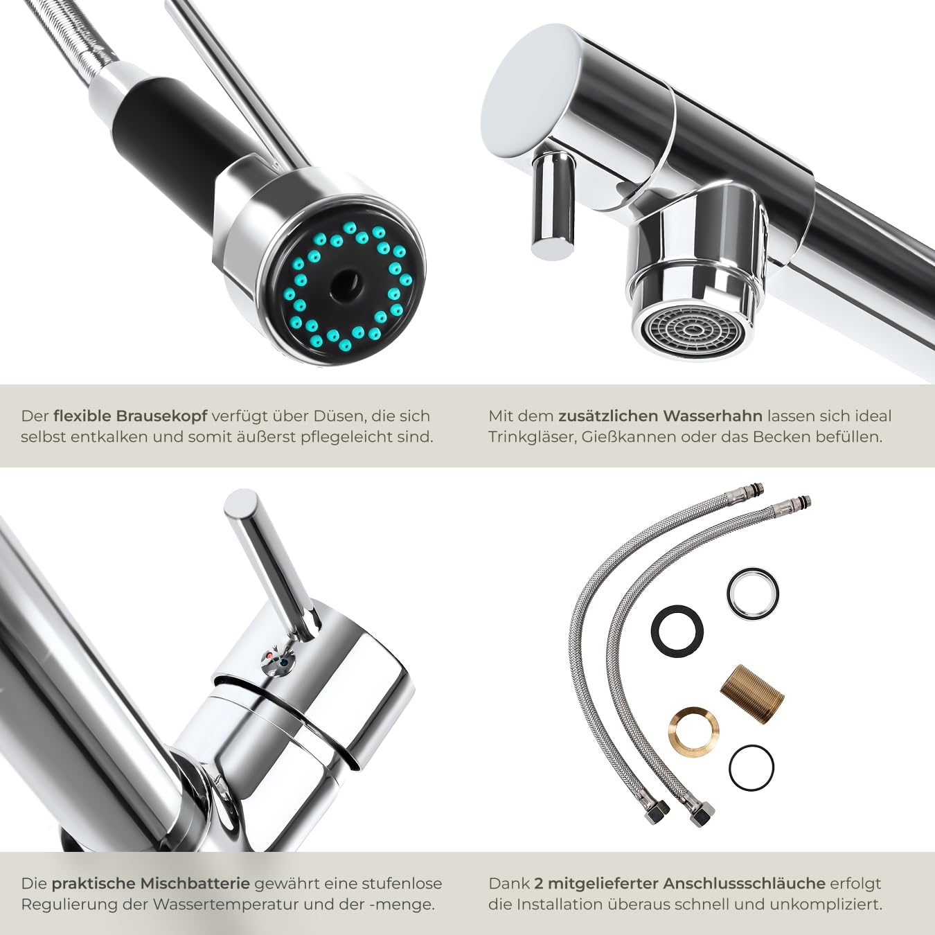 tectake® Küchenarmatur, Mischbatterie Spültischarmatur, Waschtischarmatur, Küchenarmaturen für Spüle, Spülbecken, Küchenspüle, Wasserhahn Küche ausziehbar mit Schlauch, Küche Wasserhahn