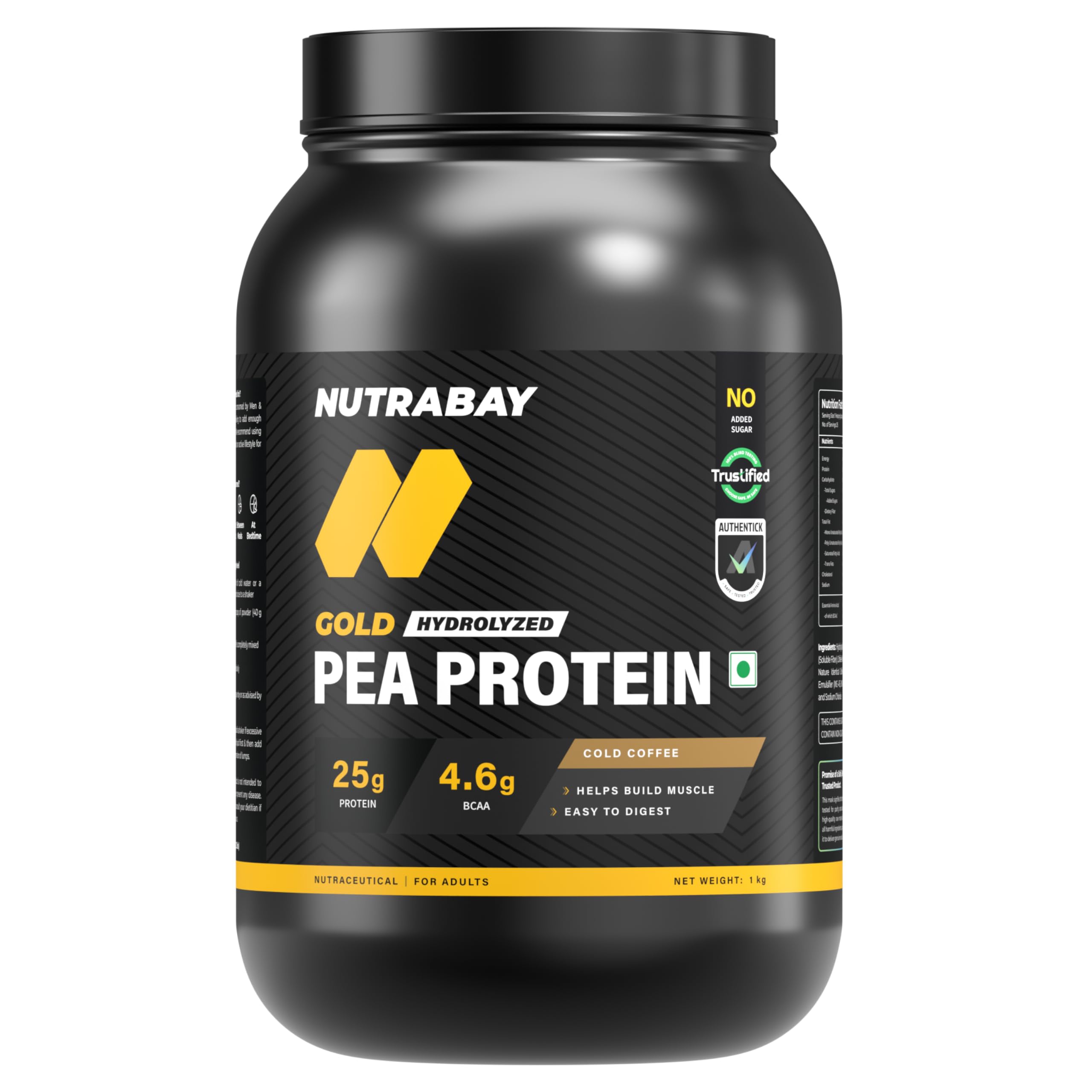 NUTRABAY Gold 100% Pea Protein Powder - 1kg, Cold Coffee | 25g Protein, 4.6g BCAA, 5g Fiber | Complete Amino Profile | Tastiest & Smoothest Vegan, Pla...