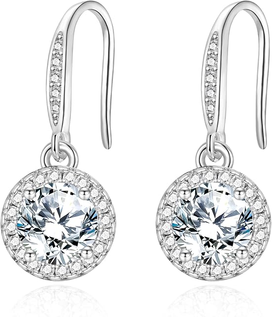 Silver Dangle Earrings for Women, Hypoallergenic Sparkling Cubic Zirconia Round Dangle Drop CZ Earring Jewellery Gifts for Girls