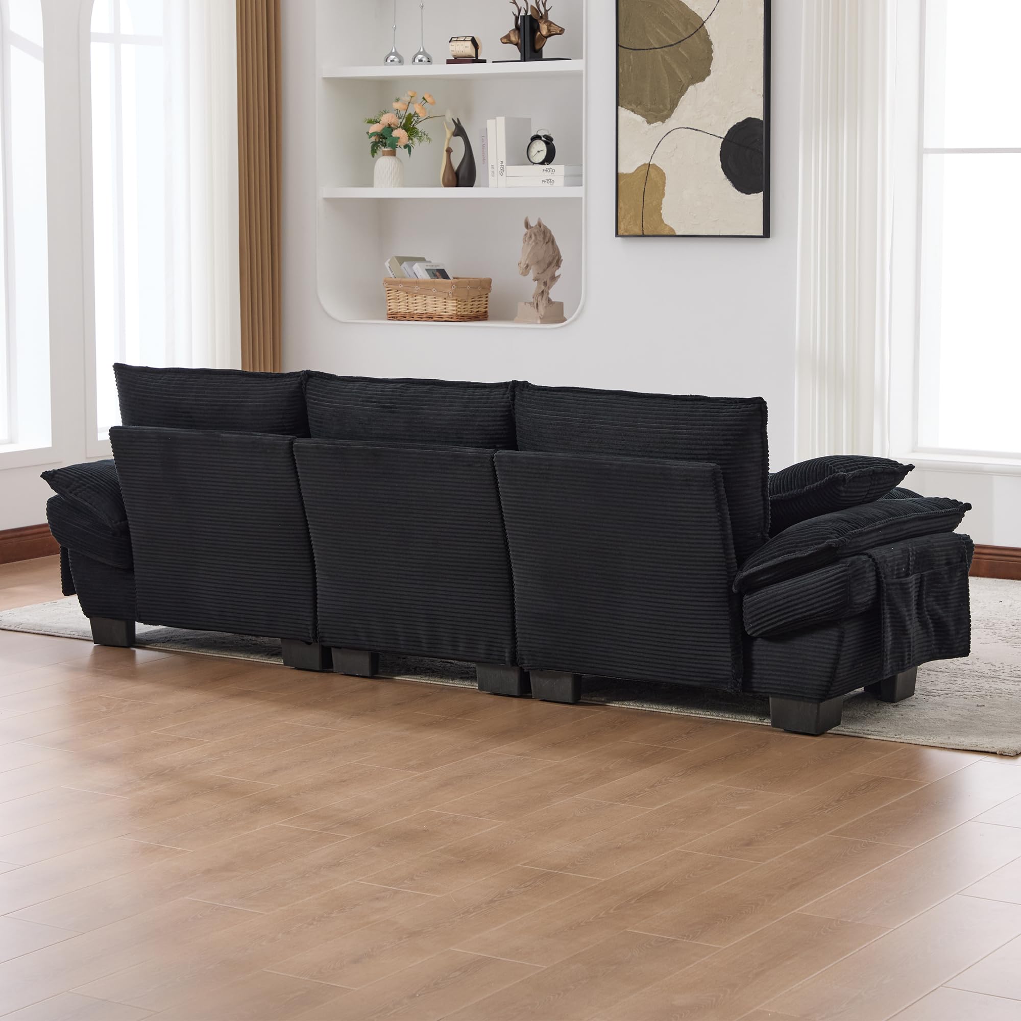 Modułowa sofa 3-osobowa z 1 taboretem, ergonomiczna szerokość siedziska z przyłączem C, sofa do salonu z bocznymi kieszeniami, do salonu, kolor czarny
