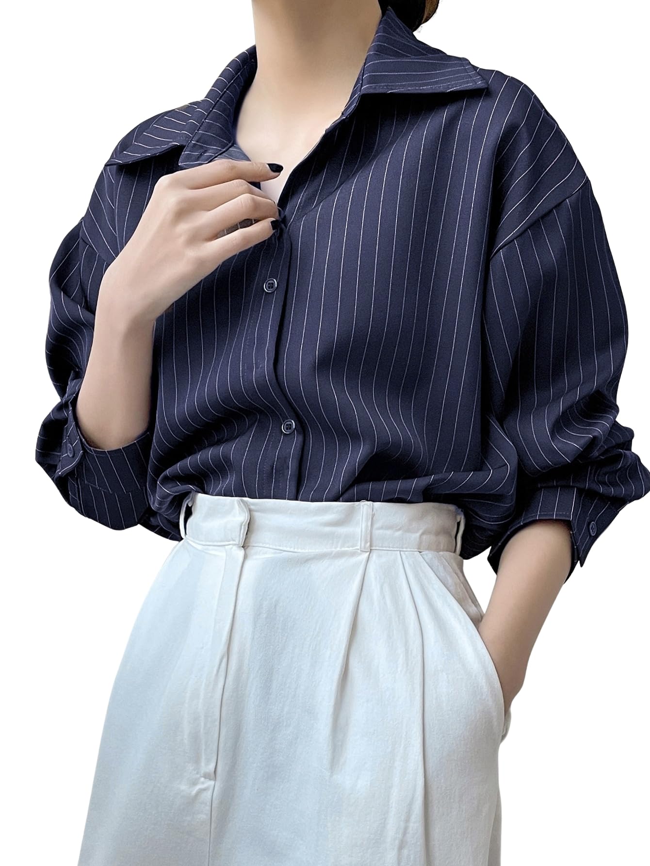Solid Button Up Drop Shoulder Striped Print Casual Long Sleeve Shirt for Women's & Girl's