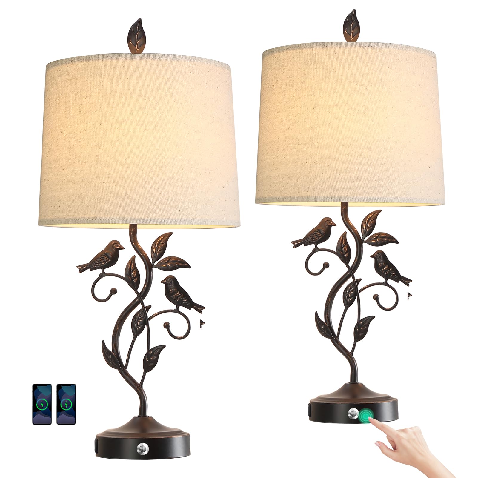 RORIANO 27" Set of 2 Touch Farmhouse Table Lamps for Living Room with 3-Way Dimmable 2 USB Ports, Vintage Rustic Iron Leaf Nightstand Lamp for Bedroom