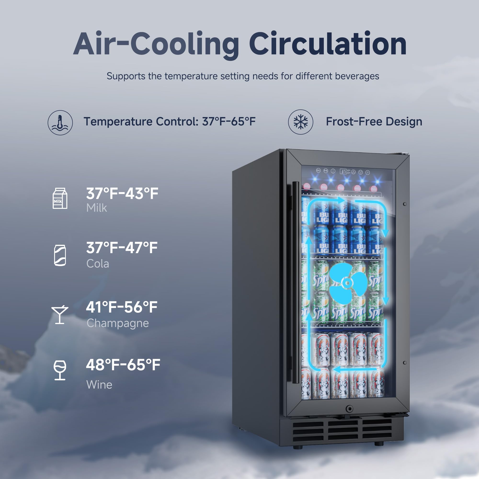 ICEVIVAL 15 Inch Beverage Fridge, 132-Can Capacity Under Counter Refrigerator with Blue LED Display, Beverage Refrigerator with Glass Door & Adjustable Shelves for Home, Bar, Office (Black) on Fridge.com