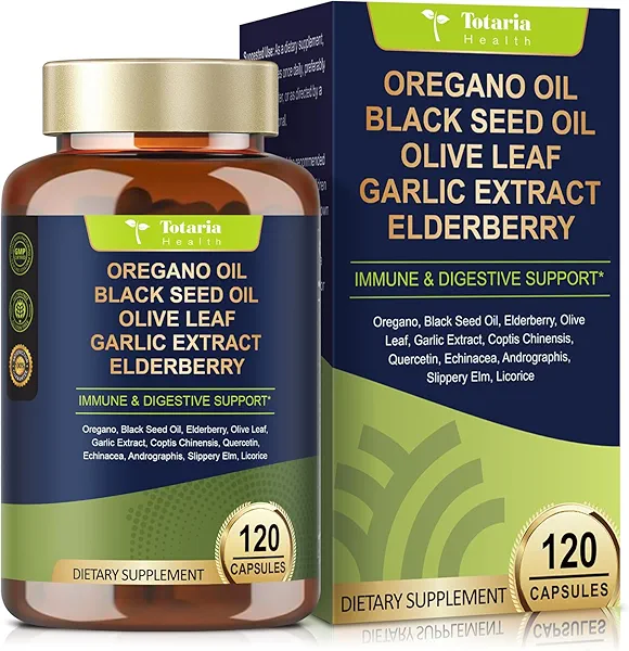 Totaria Oil of Oregano with Black Seed Oil Capsules High Absorption with Garlic,Olive Leaf,Quercetin,Black Pepper and More Supplement for Women and Men Immune Support Digestive Health 120 Counts