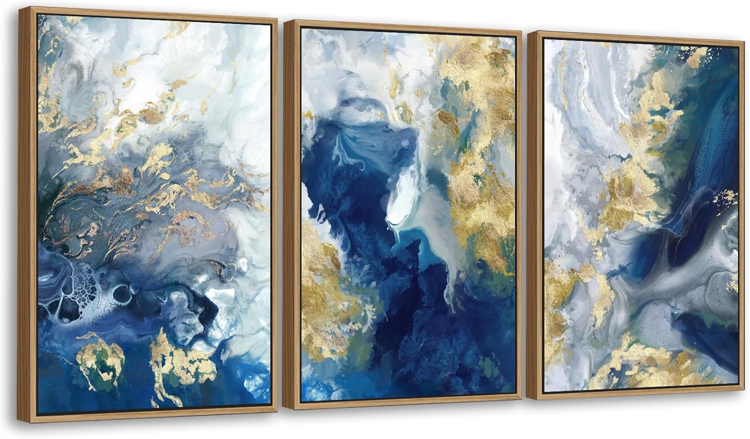 tigeridge Abstract Ocean Framed Wall Art - Rich Blues Canvas Pictures Wall Decor Turquoise Gold Accents Painting Artwork Coastal Prints for Living Room Home Decor 36 x 24in * 3, Natural Wood Frame