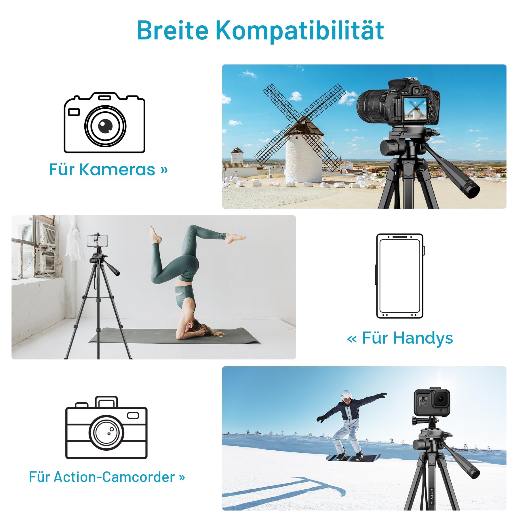 Victiv Neues Kamera Handy Stativ, 172cm Tragbares Camera Tripod, Aluminium Dreibein Stativ mit Abnehmbar 3-Wege-Kopf for für DSLR Canon Nikon Sony Action Kamera, Fotostativ für iPhone Smartphone