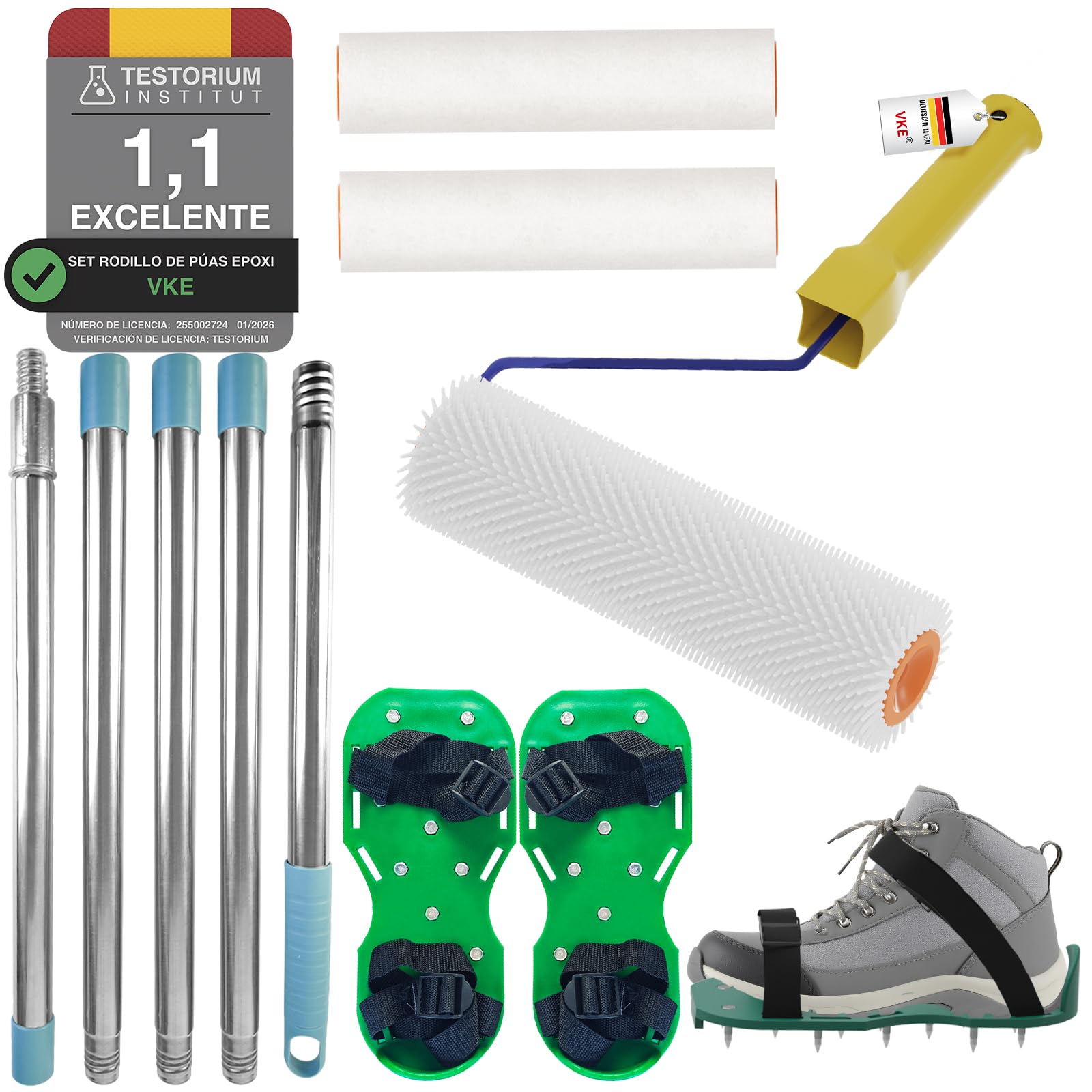 VKE Rodillo de Púas Autonivelante 23 cm - Espinas 14 mm, Autonivelante, 2 Rodillo Pintura 23 cm, Palo Telescopico 1,5 m, Zapatos Aireador para Cesped 30 mm, Herramientas para Autonivelante - 1 Asa