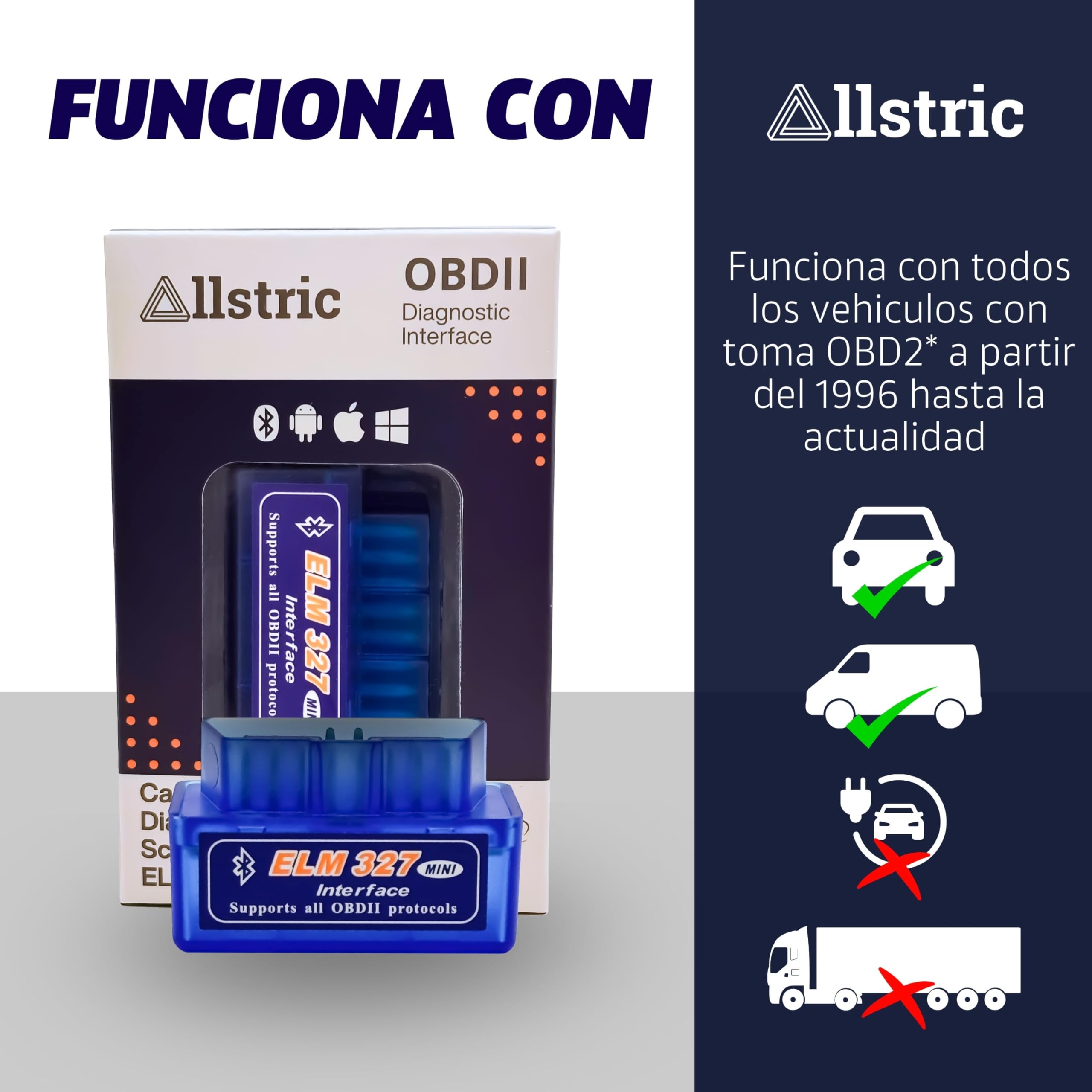 Allstric® Obd2 Diagnosis Coche Multimarca. ELM 327 Lector y Herramienta de Análisis y Diagnostico. Obd2 Bluetooth OBD Original para Escaner. Maquina Diagnosis Coche de Fallos y Errores. — view 3