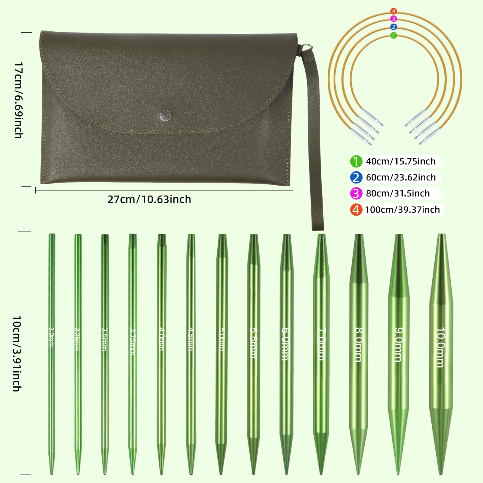 Iswawo Juego de agujas circulares intercambiables, 13 pares, 3,0-10,0 mm, agujas de tejer circulares con 4 cuerdas, bolsa para proyectos de punto, adecuado para principiantes y profesionales, aluminio