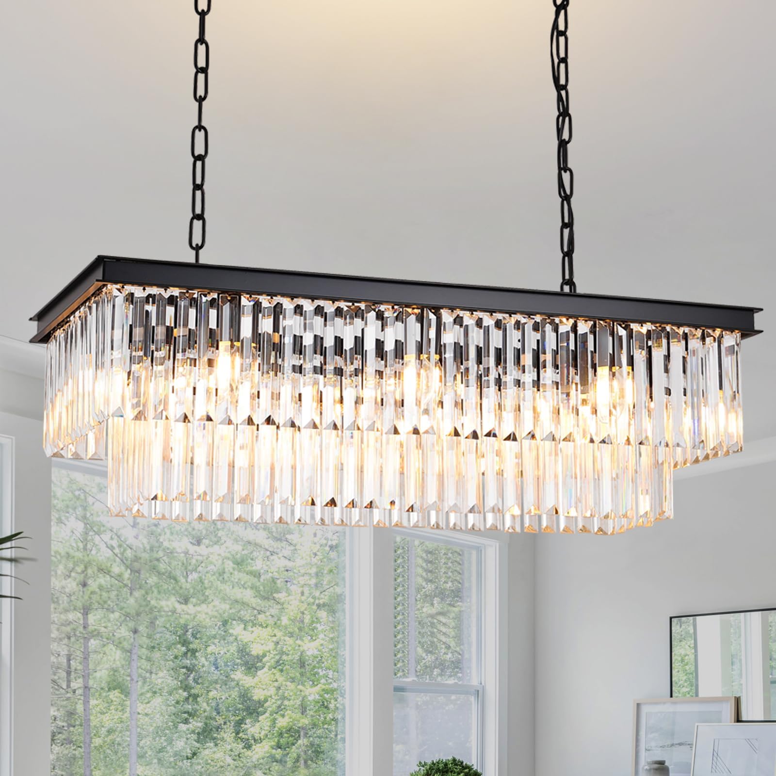 Moderner schwarzer ovaler Kristall-Kronleuchter, E14×8 Lampen, rechteckige große Kristall-Pendelleuchte für Schlafzimmer, Esszimmer,Eingangsbereich, L80cm