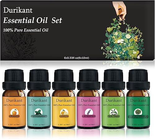 Juego de aceites esenciales, 100% puro y natural, paquete de 6 (árbol de té, eucalipto, lavanda, naranja, menta, aceites de limón)  0.33 onzas