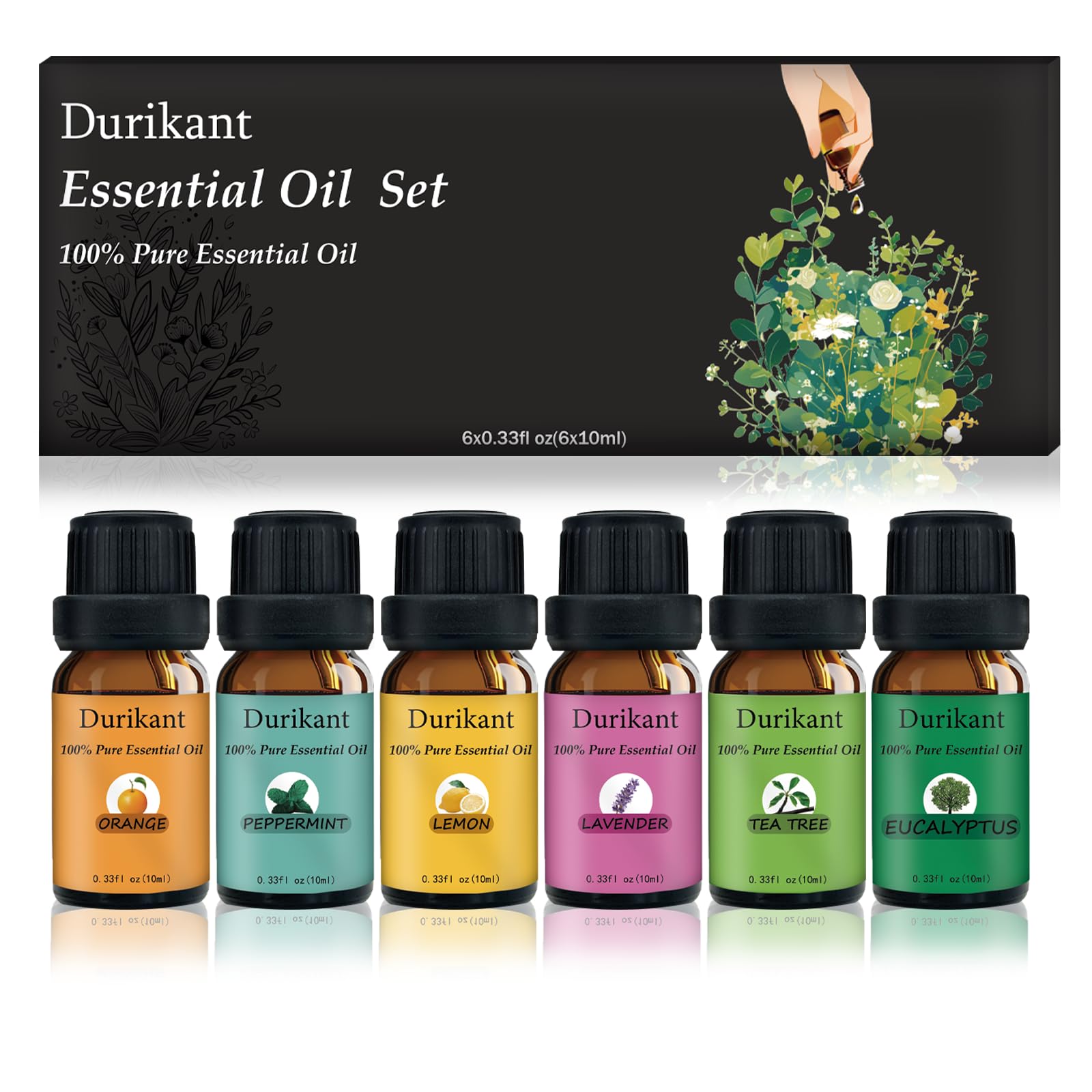 Essential Oil Set - 100% Pure Natural, 6-Pack (Tea Tree, Eucalyptus, Lavender, Orange, Peppermint, Lemon Oils) - 0.33 Fl Oz Each