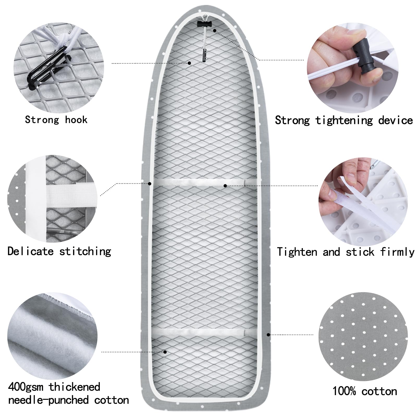 Fundas para tabla de planchar, extra grande, con parte superior 100% algodón y acolchado grueso, fácil ajuste y resistente a las quemaduras (punto gris, L)