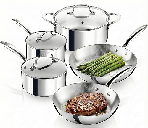 Gotham Steel Juego de 10 utensilios de cocina de acero inoxidable, ollas y sartenes antiadherentes con utensilios de cocina de inducción, fabricados
