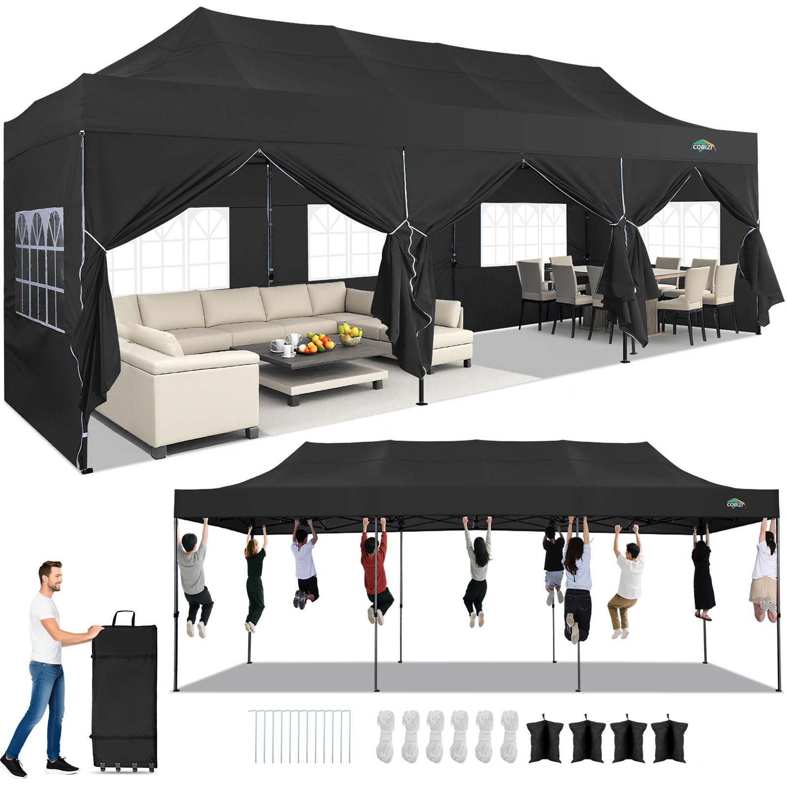 COBIZI 10x30 Heavy Duty Pop Up Canopy Tent with 8 Sidewalls, Black