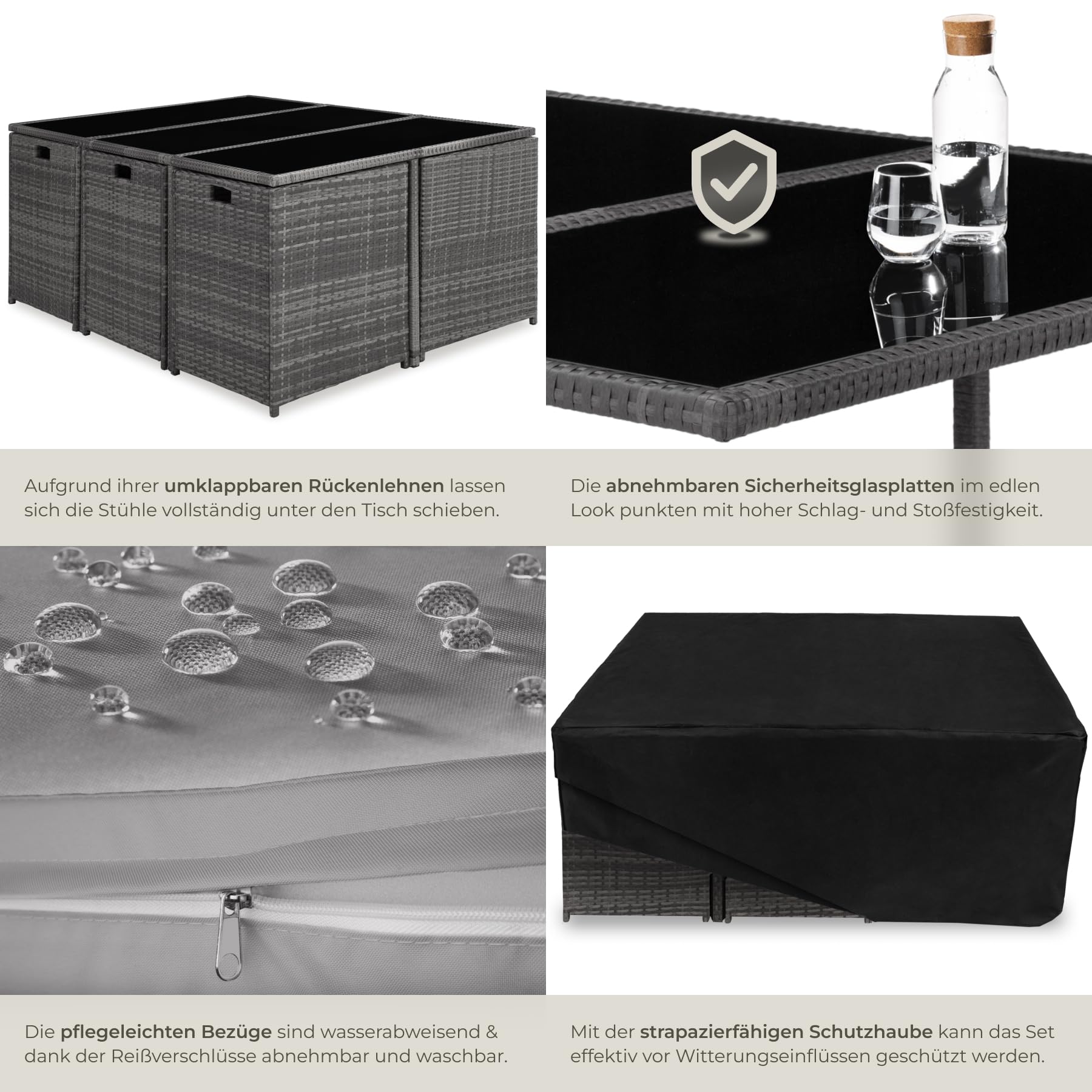 tectake® Outdoor Balkon Gartenmöbel Set, Lounge mit 6 Stühlen, 4 Hocker und 1 Tisch, Poly Rattan Geflecht, wetterfest, platzsparend - grau