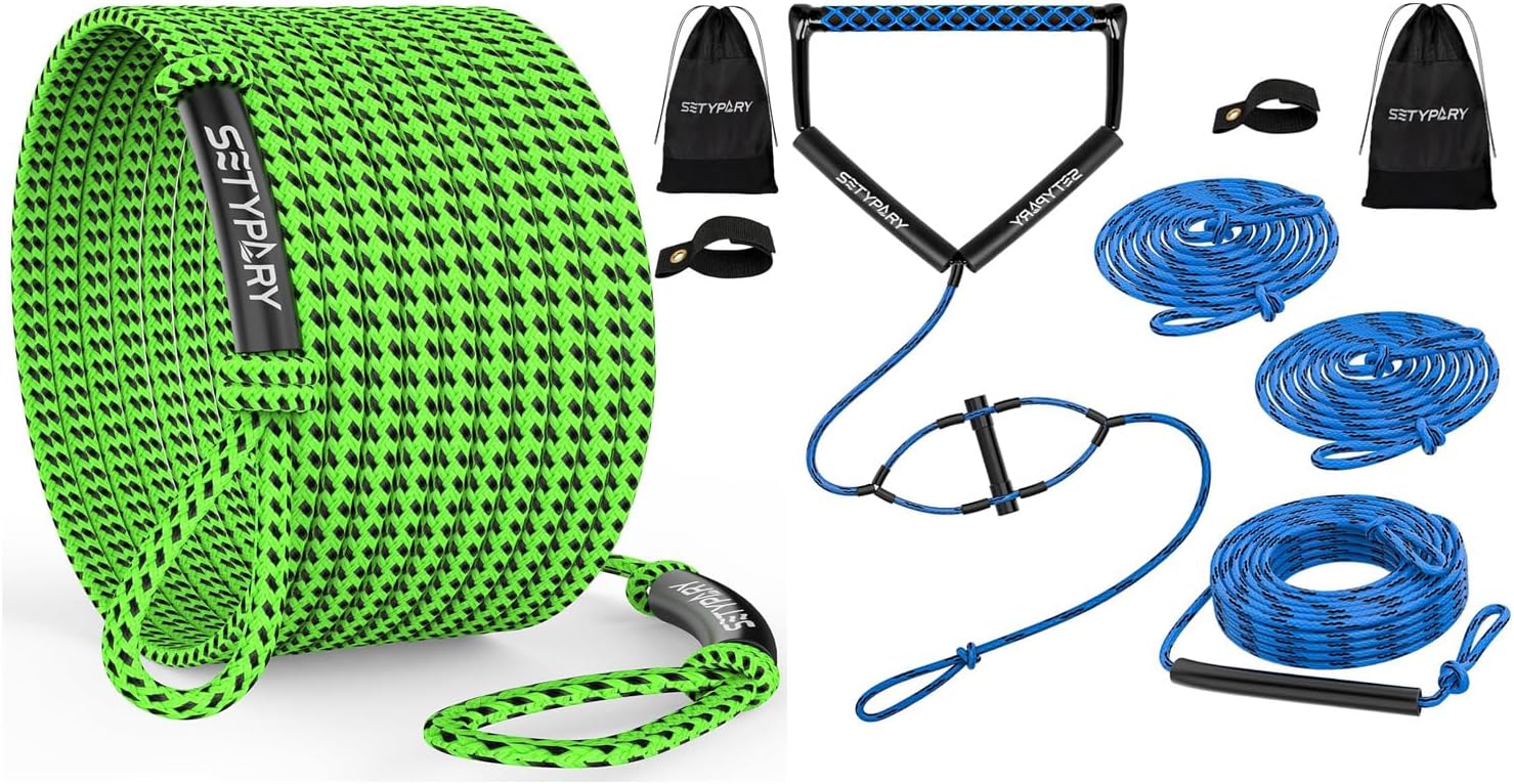 60FT & 75FT Combo: 4K Heavy-Duty Floating Tube Tow Rope for 1-4 Person Towable Tubes (Green & Black) + Wakeboard Rope with Handle, 4-Section Adjustable Water Ski Rope (Blue & Black)