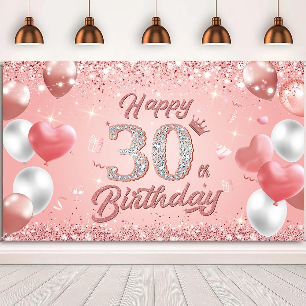 Happy 30th Birthday Banner Rose Gold 1.1 x 1.8m Happy Birthday Banner Backdrop 30th birthday Decorations for Girls Women, 30 Years Old Anniversary Party Supplies